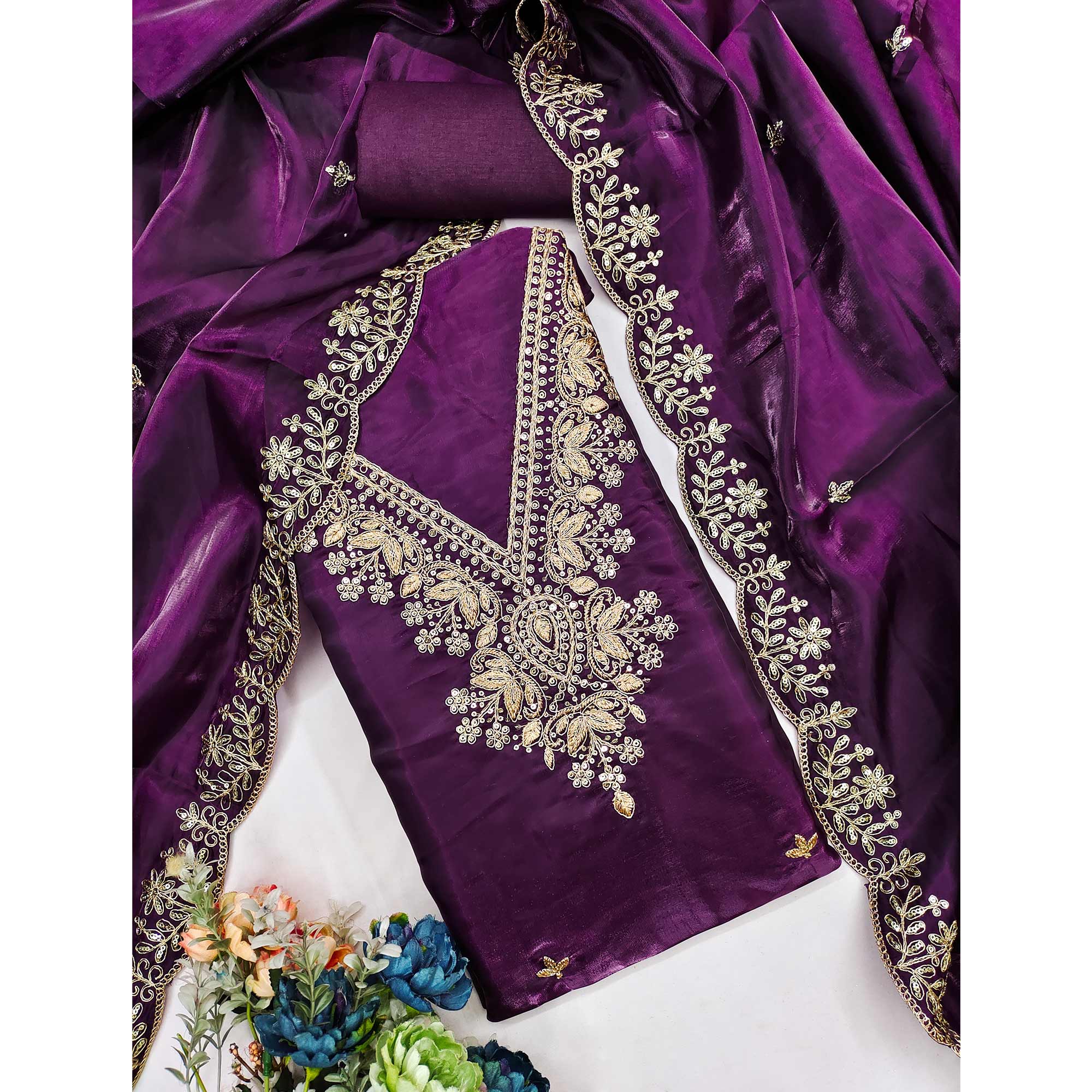 Deep Purple Unstitched Organza Suit with Thread Embroidery - Image 3
