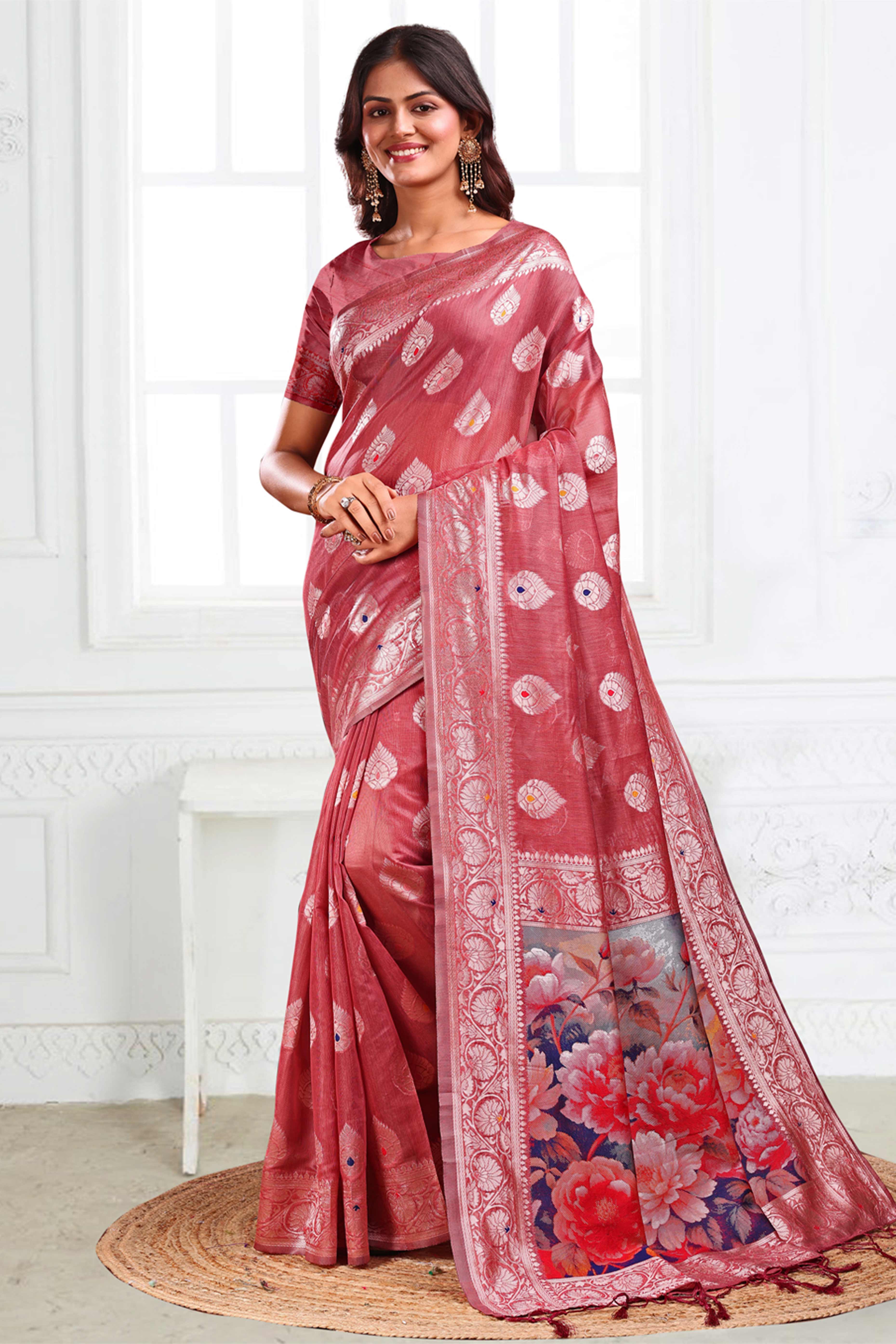 Deep Rose Pink Linen Cotton Silk Saree Adorned With Intricate Floral Zari Weaving & Tassel Pallu - Image 3