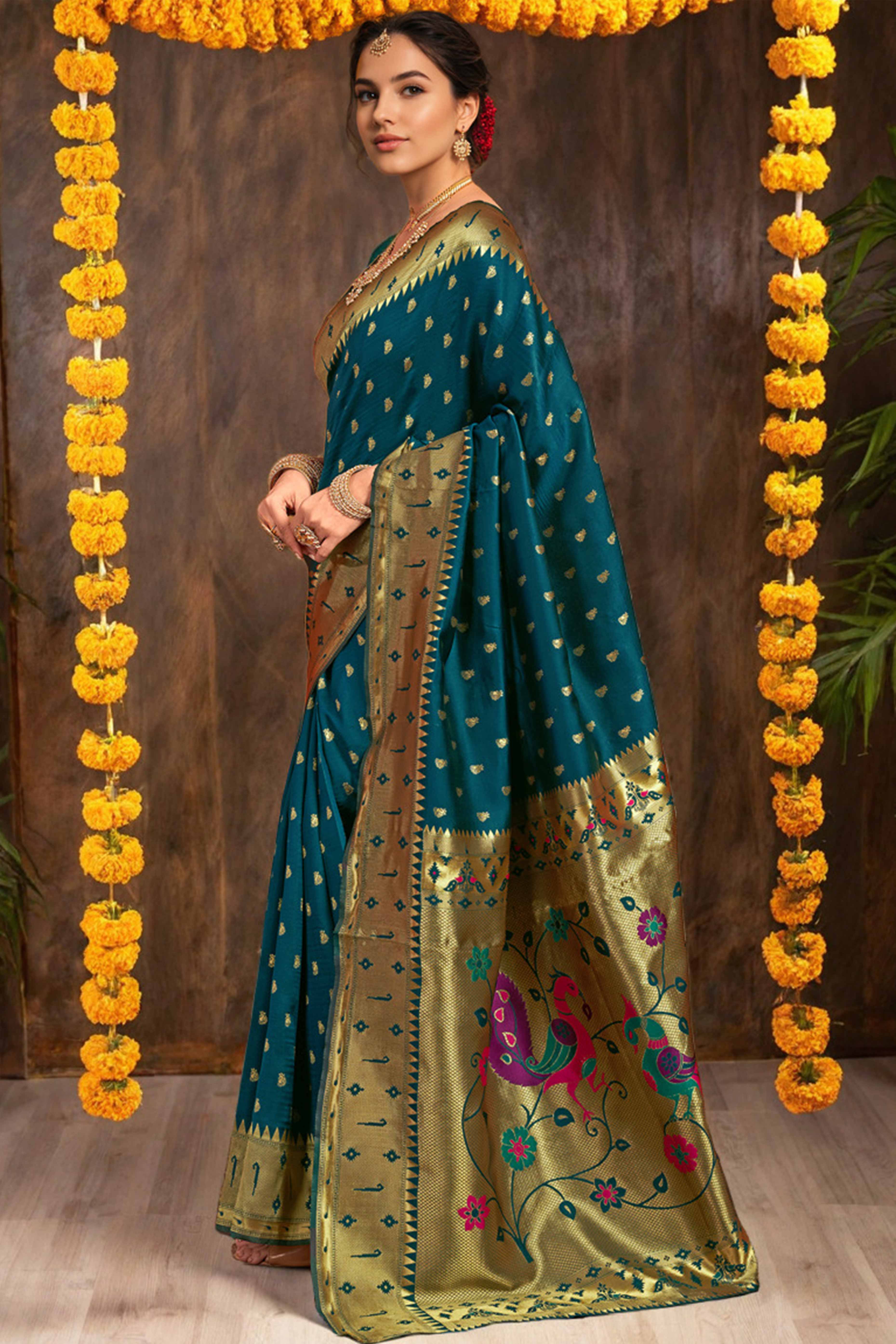 Deep Teal Blue Paithani Saree In Silk Blend Highlighted With Zari Woven Peacock & Floral Motifs - Image 5