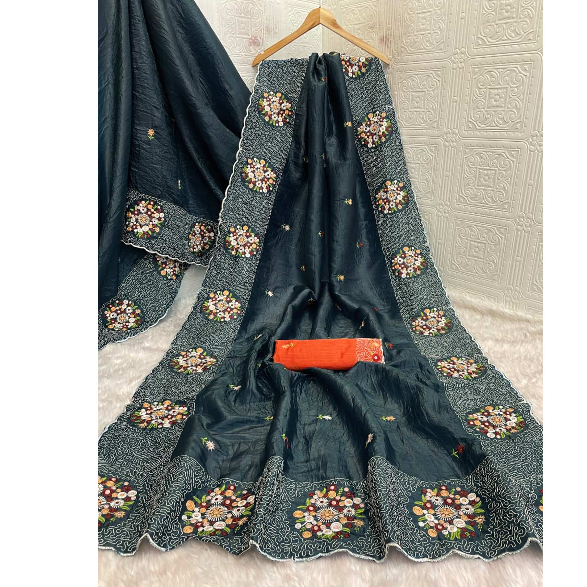 Deep Teal Cotton Silk Saree with Beautiful Floral Embroidery for Parties & Celebrations - Image 4