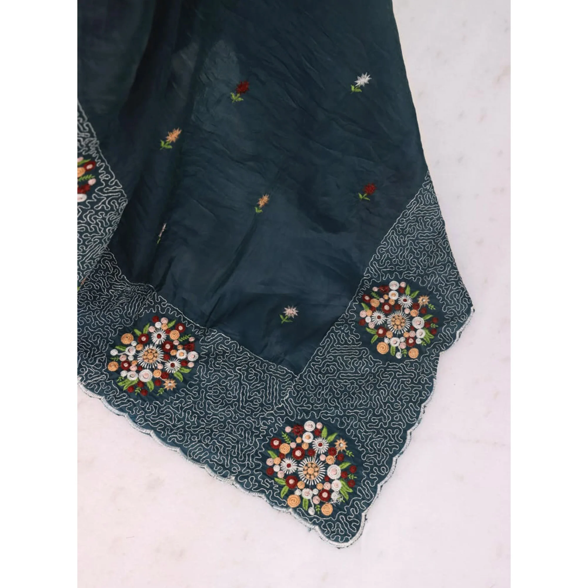 Deep Teal Cotton Silk Saree with Beautiful Floral Embroidery for Parties & Celebrations - Image 6