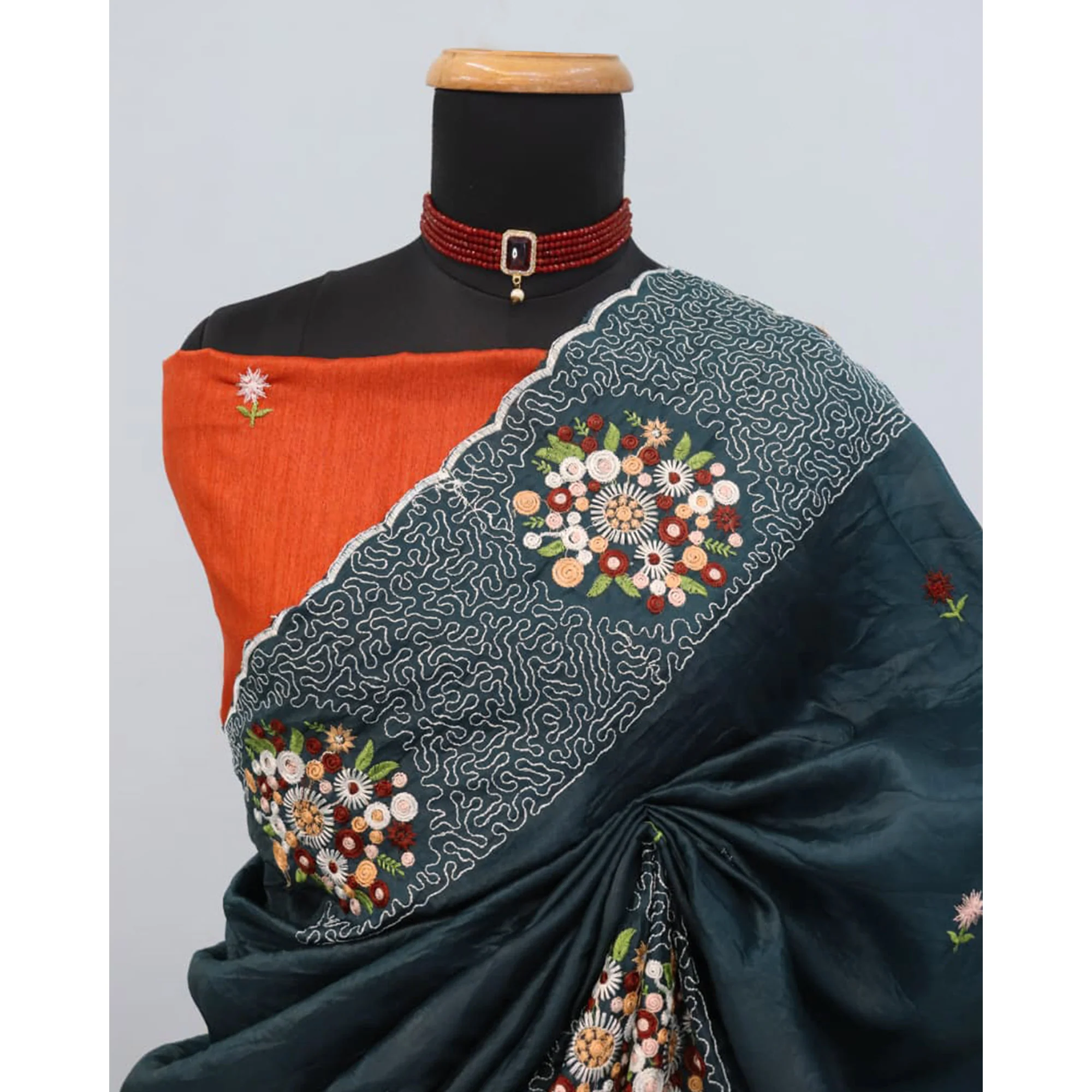 Deep Teal Cotton Silk Saree with Beautiful Floral Embroidery for Parties & Celebrations - Image 8