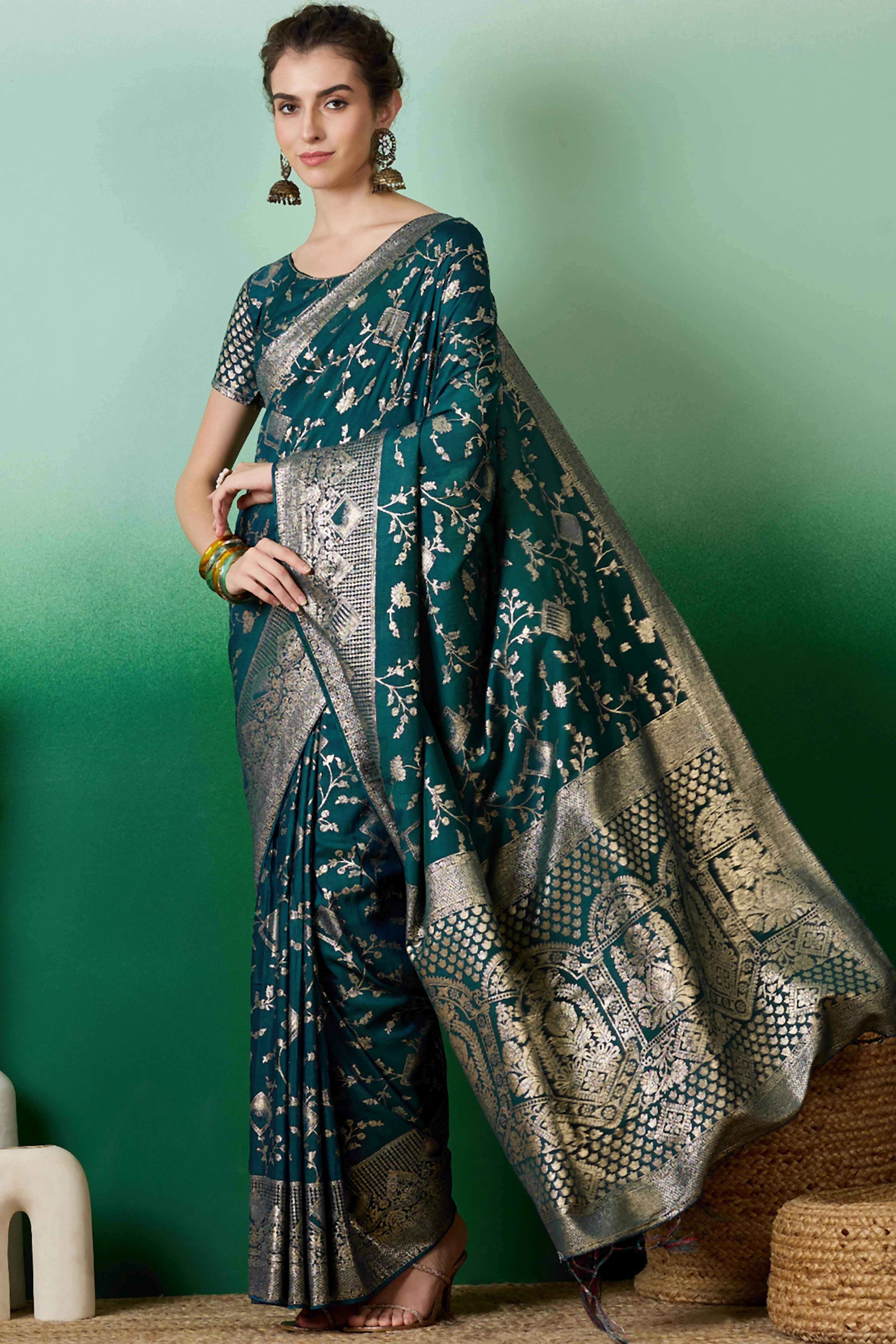 Deep Teal Green Cotton Blend Saree With Intricate Floral Zari Weaving & Soft Tassel - Image 3