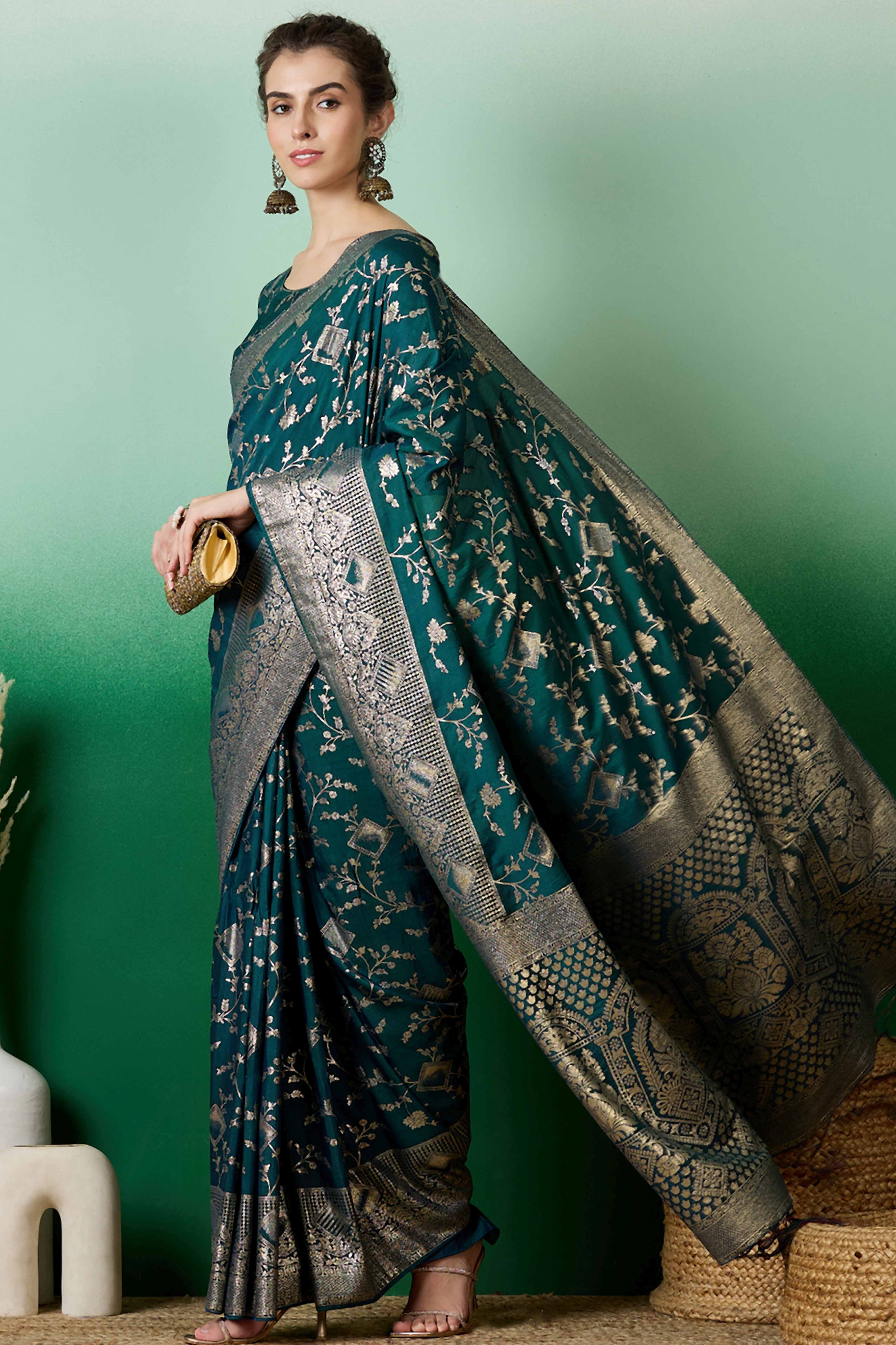 Deep Teal Green Cotton Blend Saree With Intricate Floral Zari Weaving & Soft Tassel - Image 4
