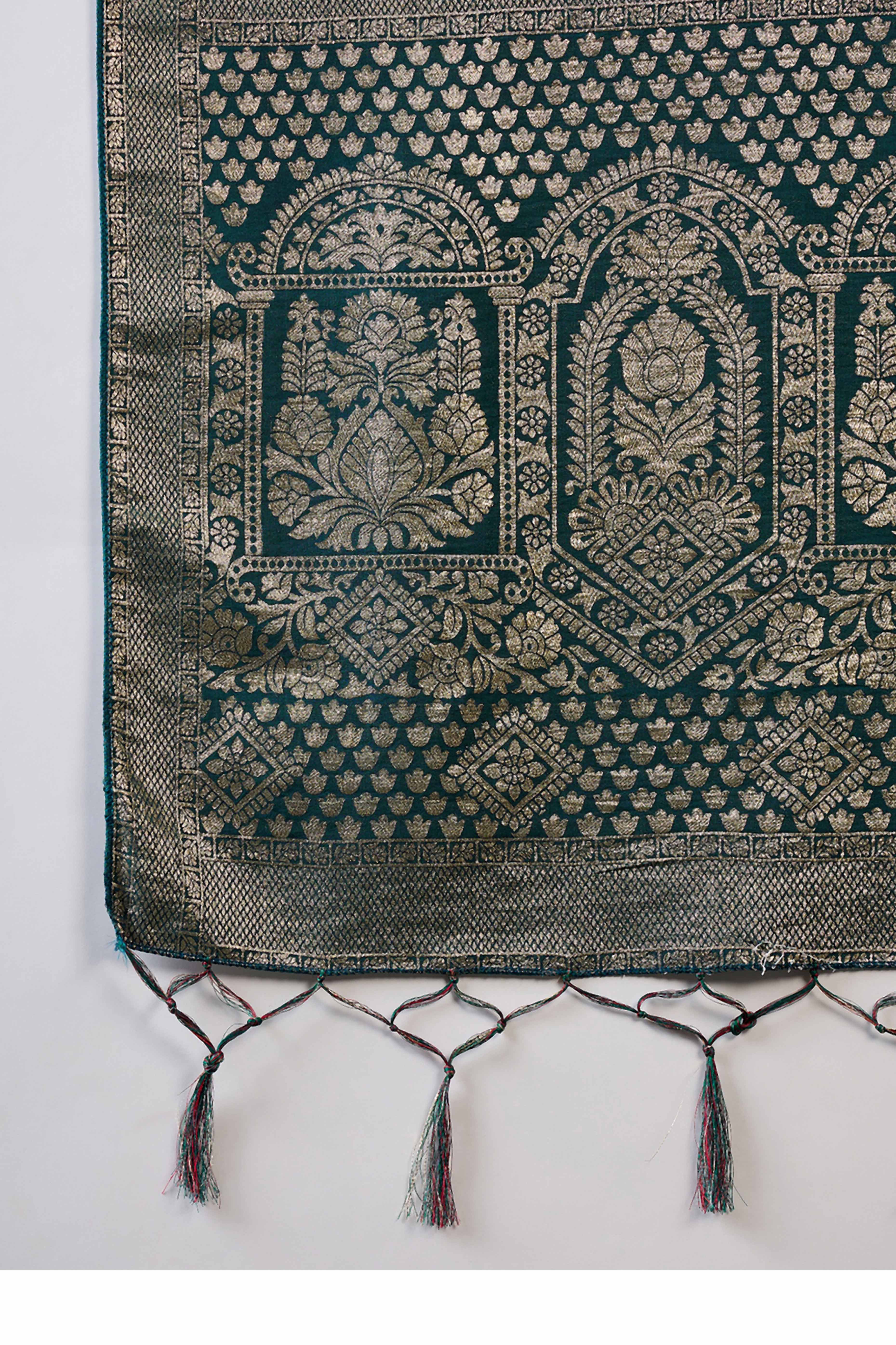 Deep Teal Green Cotton Blend Saree With Intricate Floral Zari Weaving & Soft Tassel - Image 7