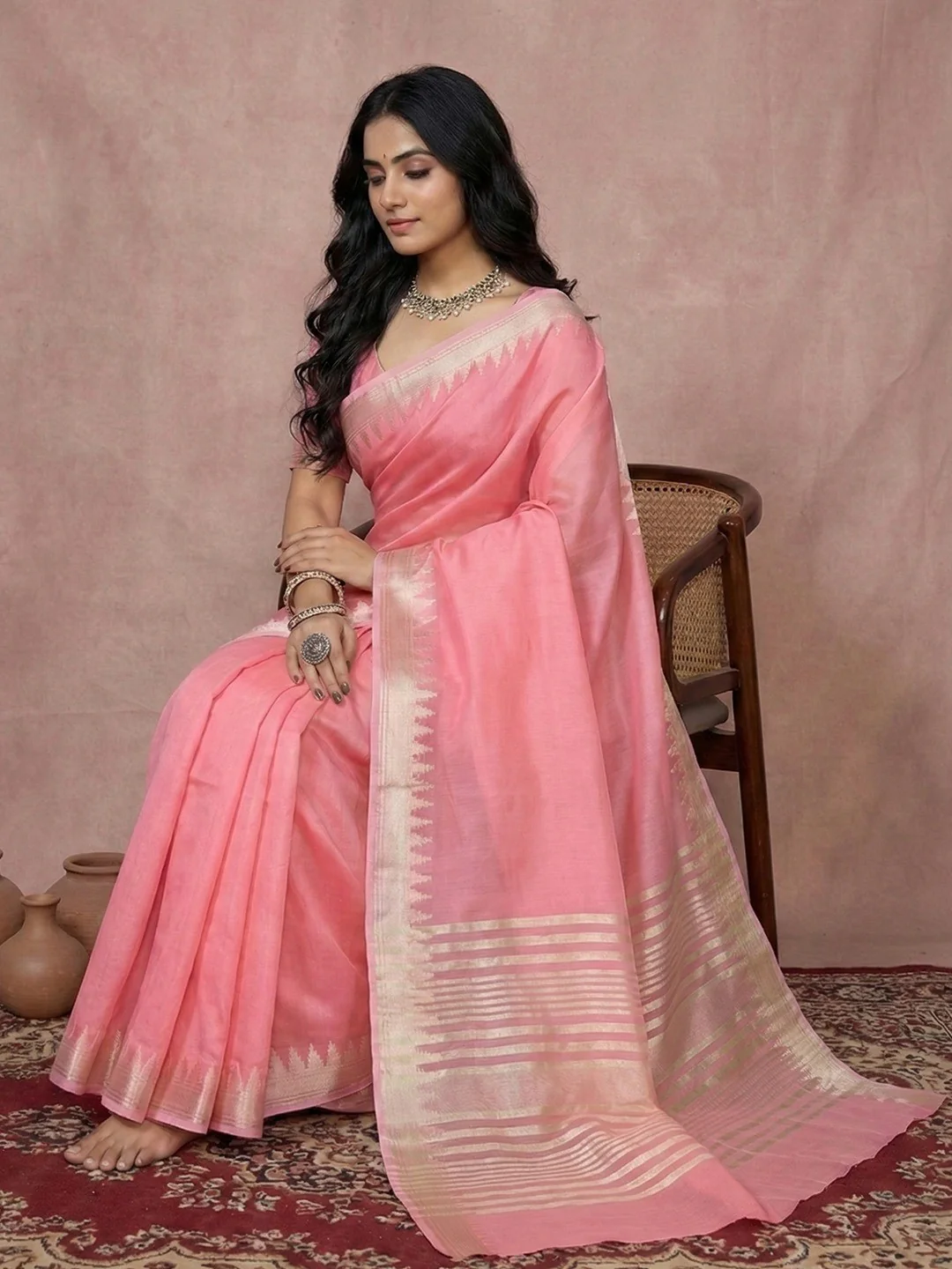 Delicate Pink Stripe Pattern Woven Cotton Silk Saree With Subtle Artisan Weave - Image 3