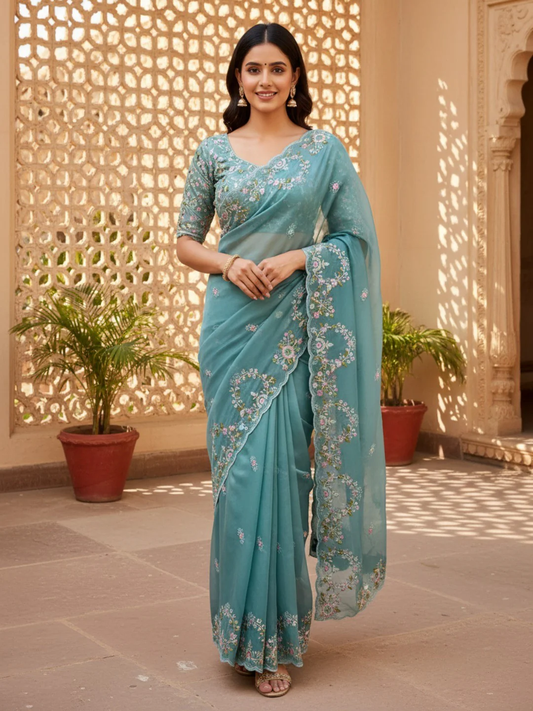 Designer Aqua Teal Satin Saree With Floral Thread Embroidery & Sparkling Sequins Work