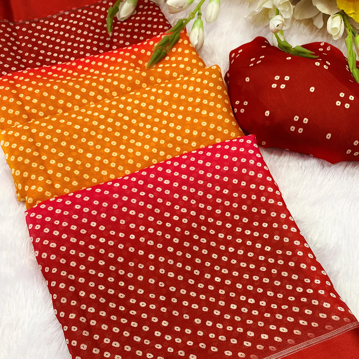 Designer Bandhani Saree in Mustard & Red Crafted from Soft Moss Georgette - Image 2