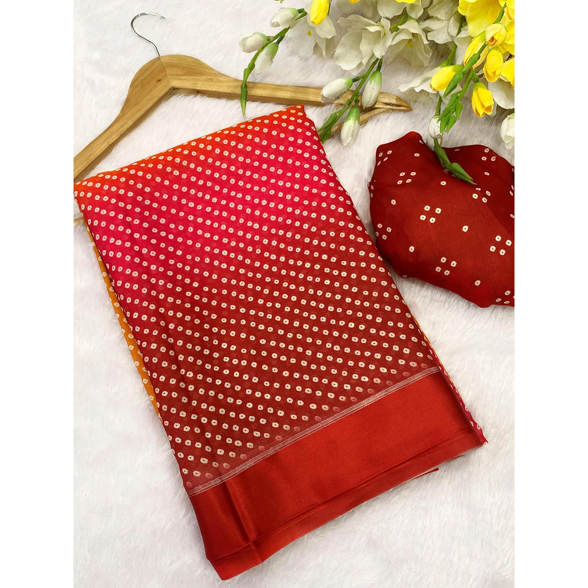 Designer Bandhani Saree in Mustard & Red Crafted from Soft Moss Georgette - Image 4