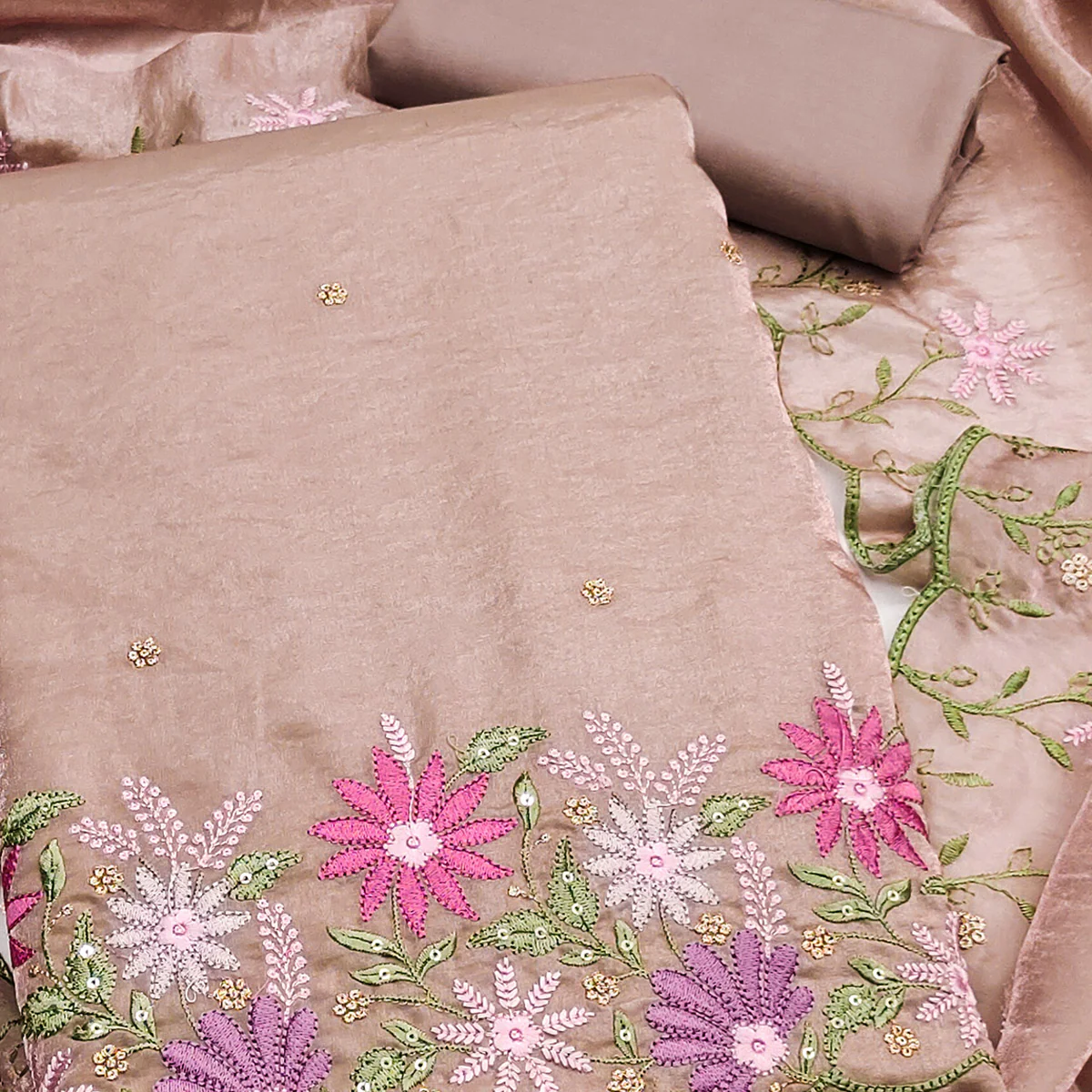 Designer Beige Satin Silk Dress Material with Fine Floral Embroidery - Image 2