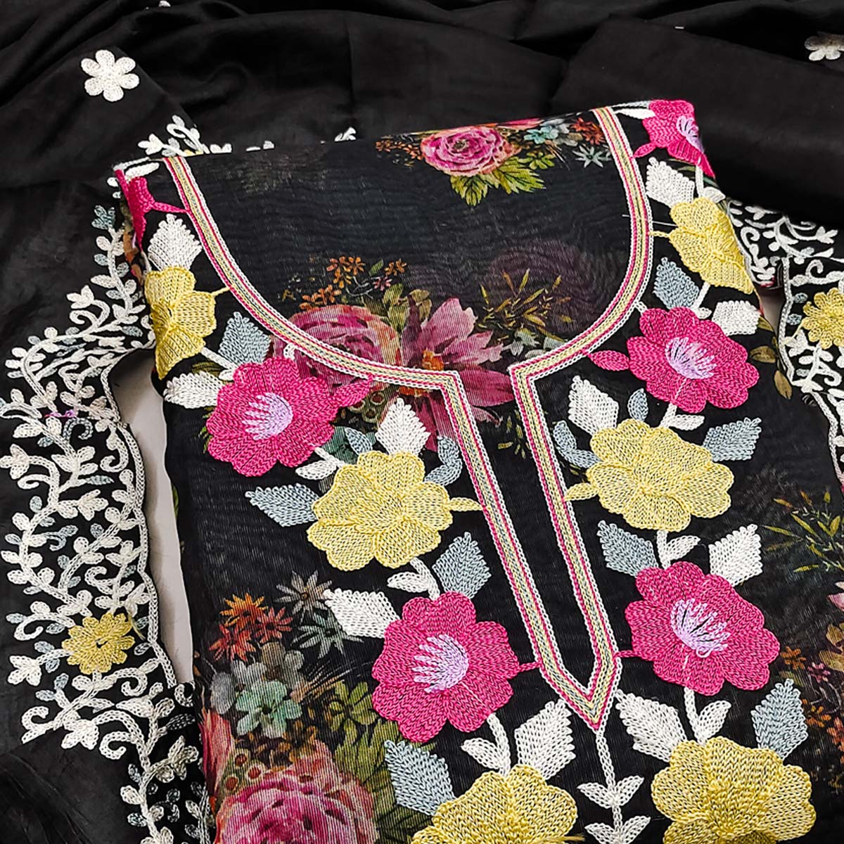 Designer Black Floral Digital Printed Shimmer Silk Dress Material Featuring Embroidery Work - Image 2