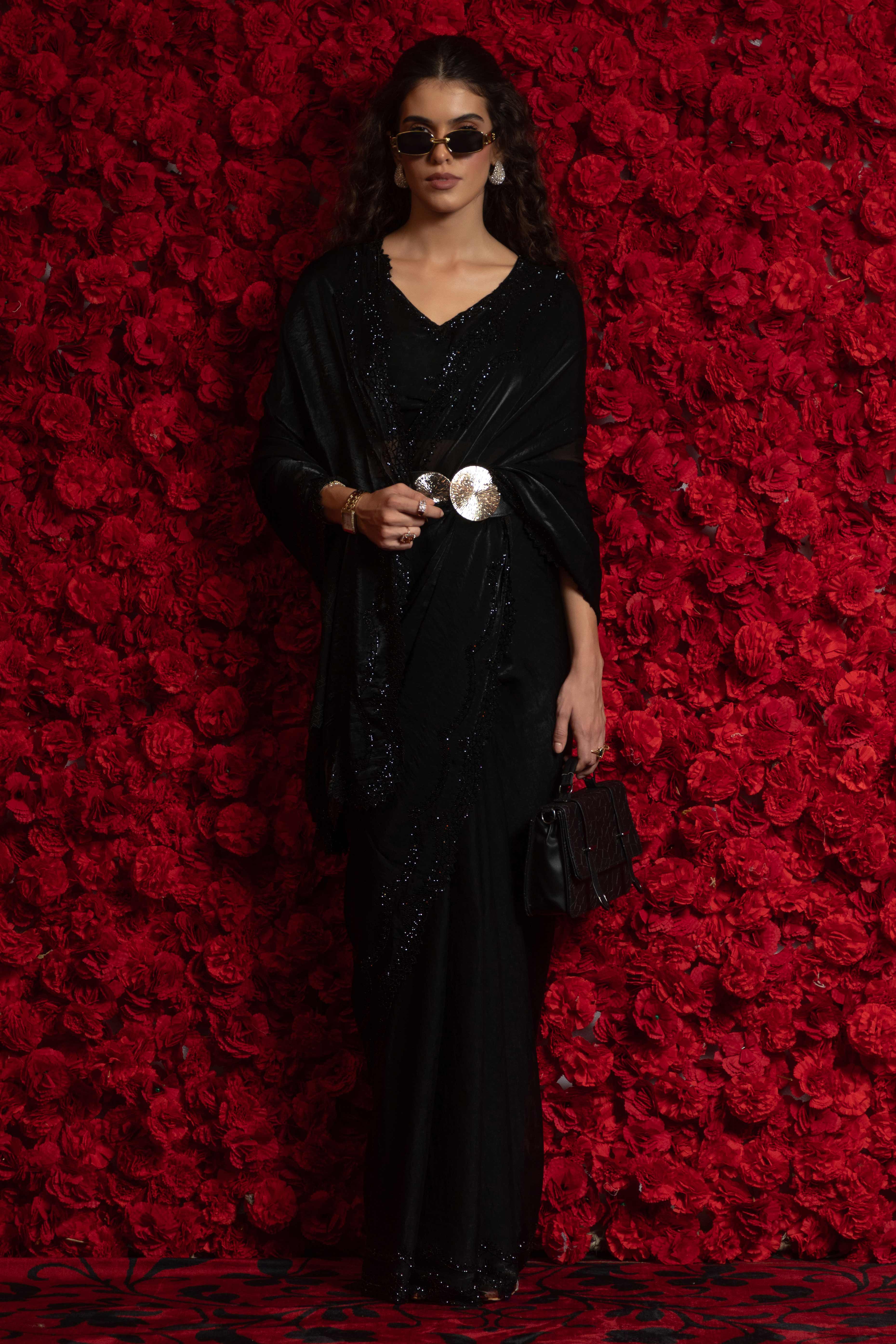 Designer Black Satin Silk Saree with Luxe Stone Accents - Image 3