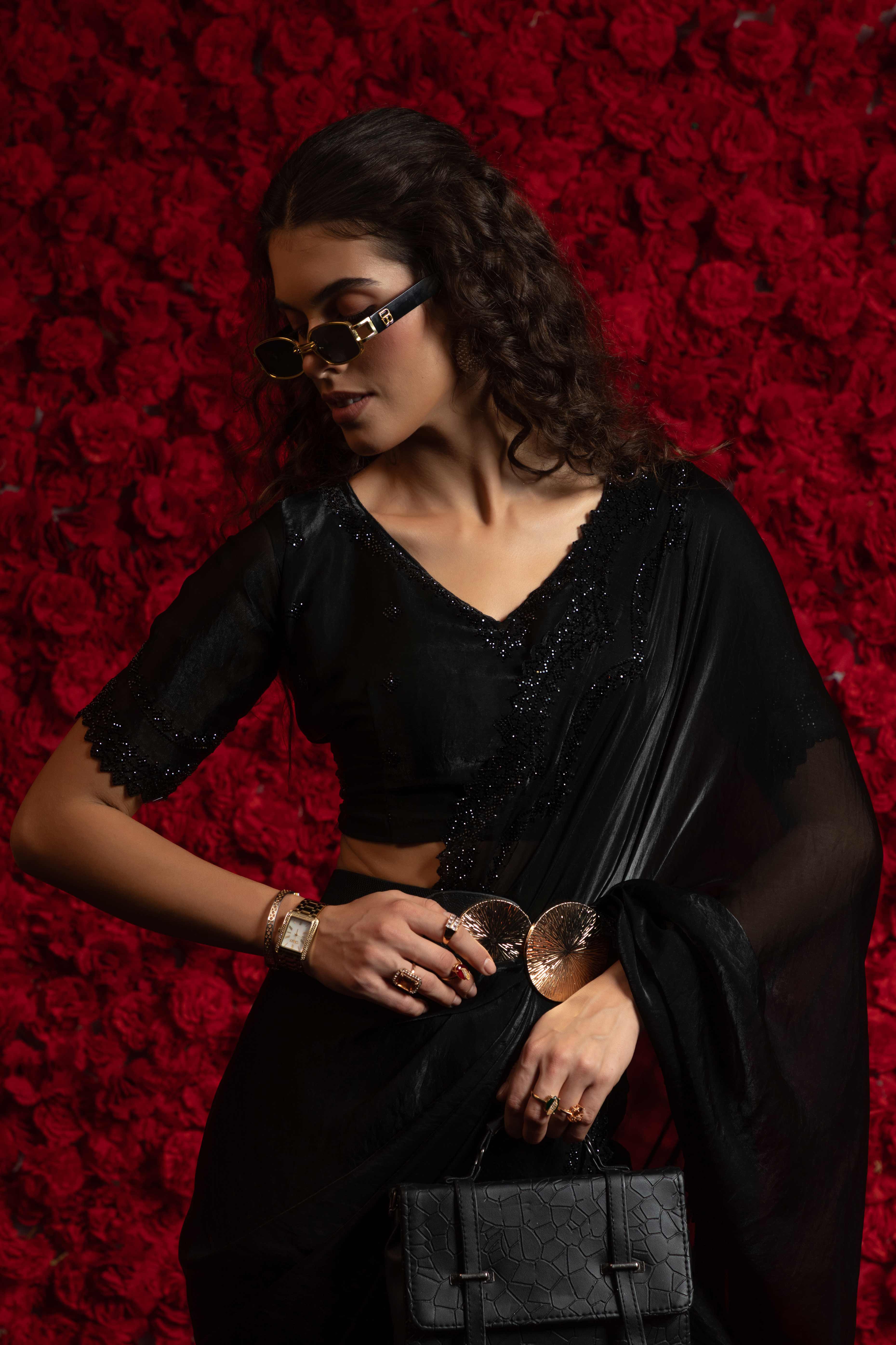 Designer Black Satin Silk Saree with Luxe Stone Accents - Image 5