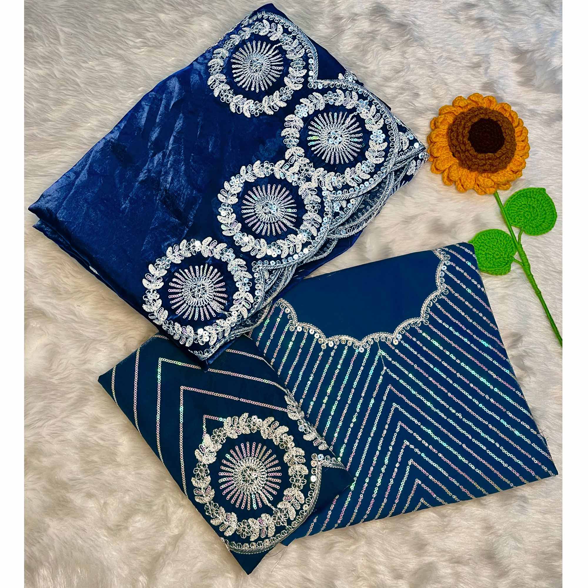 Designer Blue Fandy Satin Saree Featuring Intricate Sequins Embroidery for Elegant Styling - Image 3