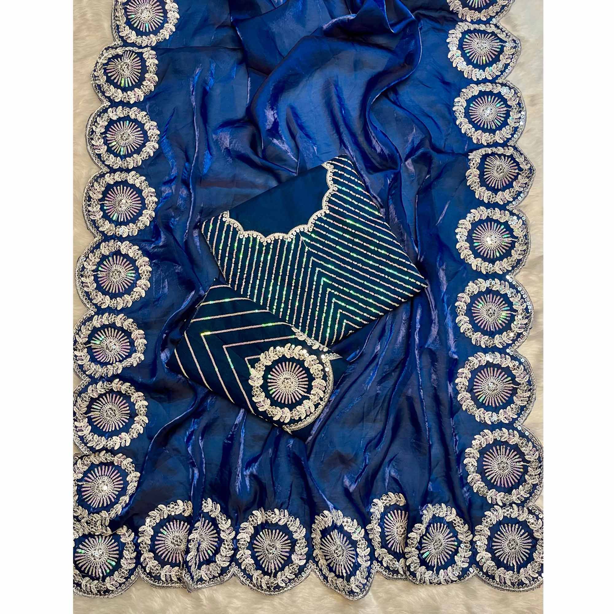 Designer Blue Fandy Satin Saree Featuring Intricate Sequins Embroidery for Elegant Styling - Image 4