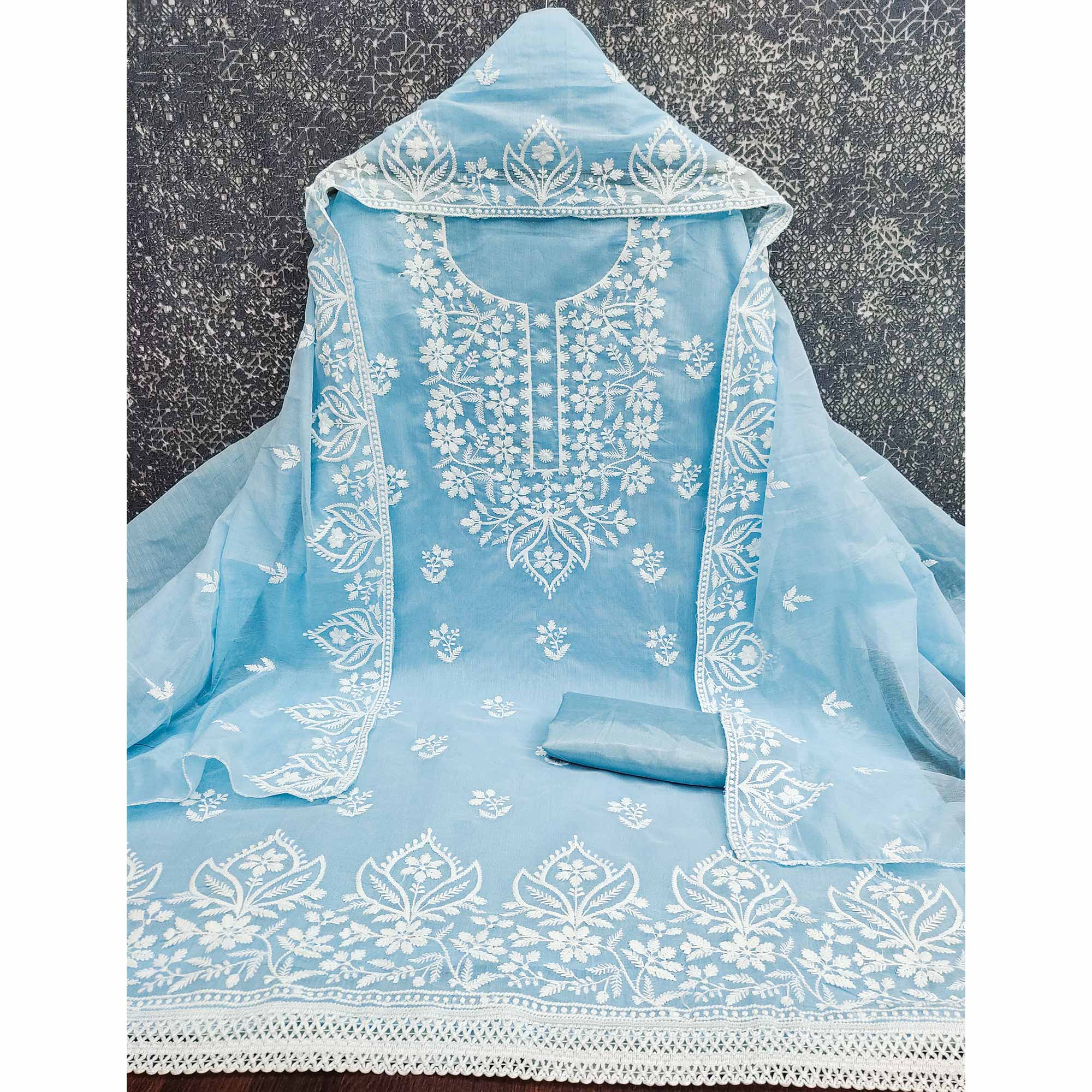 Designer Blue Floral Thread Embroidered Chanderi Cotton Dress Material - Image 3