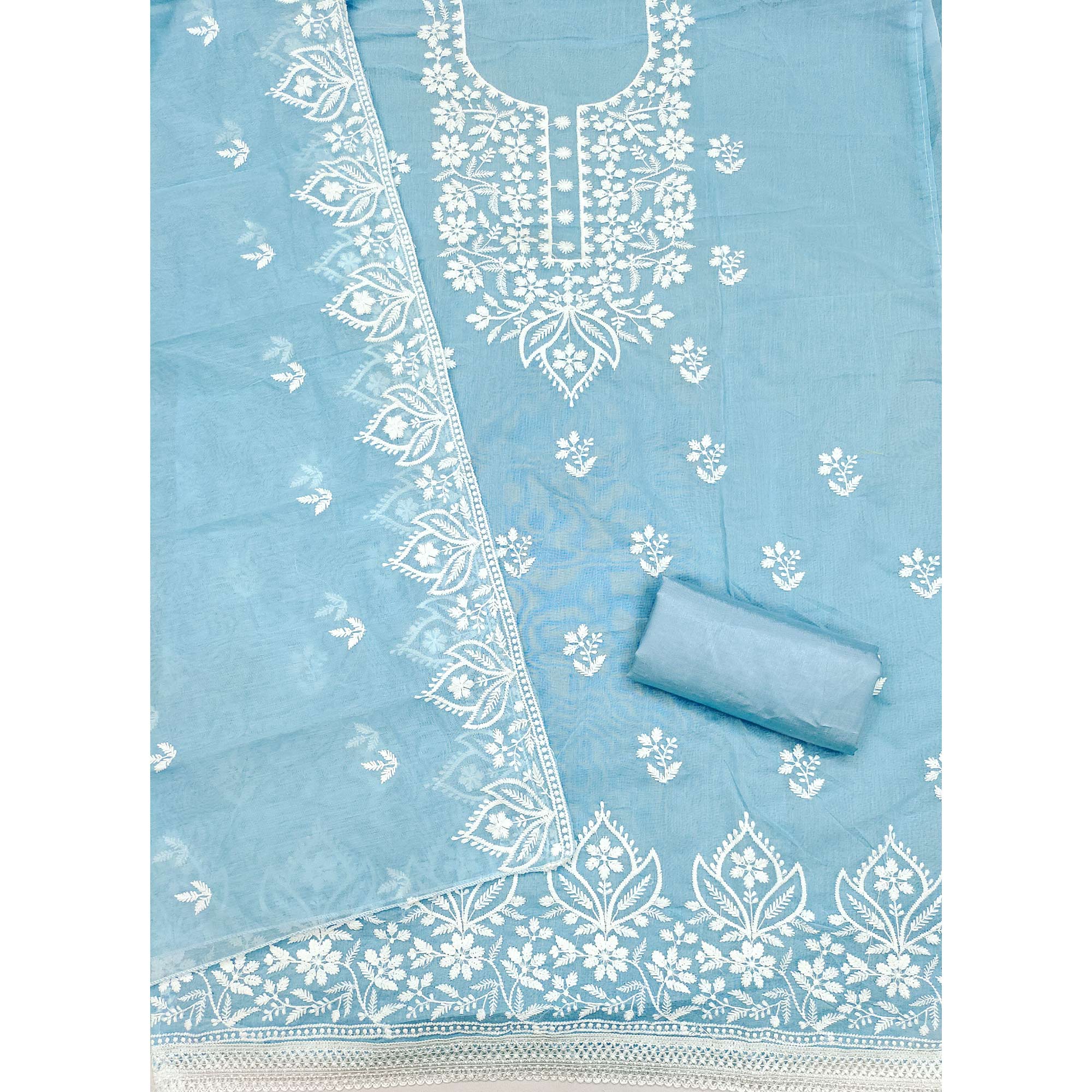 Designer Blue Floral Thread Embroidered Chanderi Cotton Dress Material - Image 4