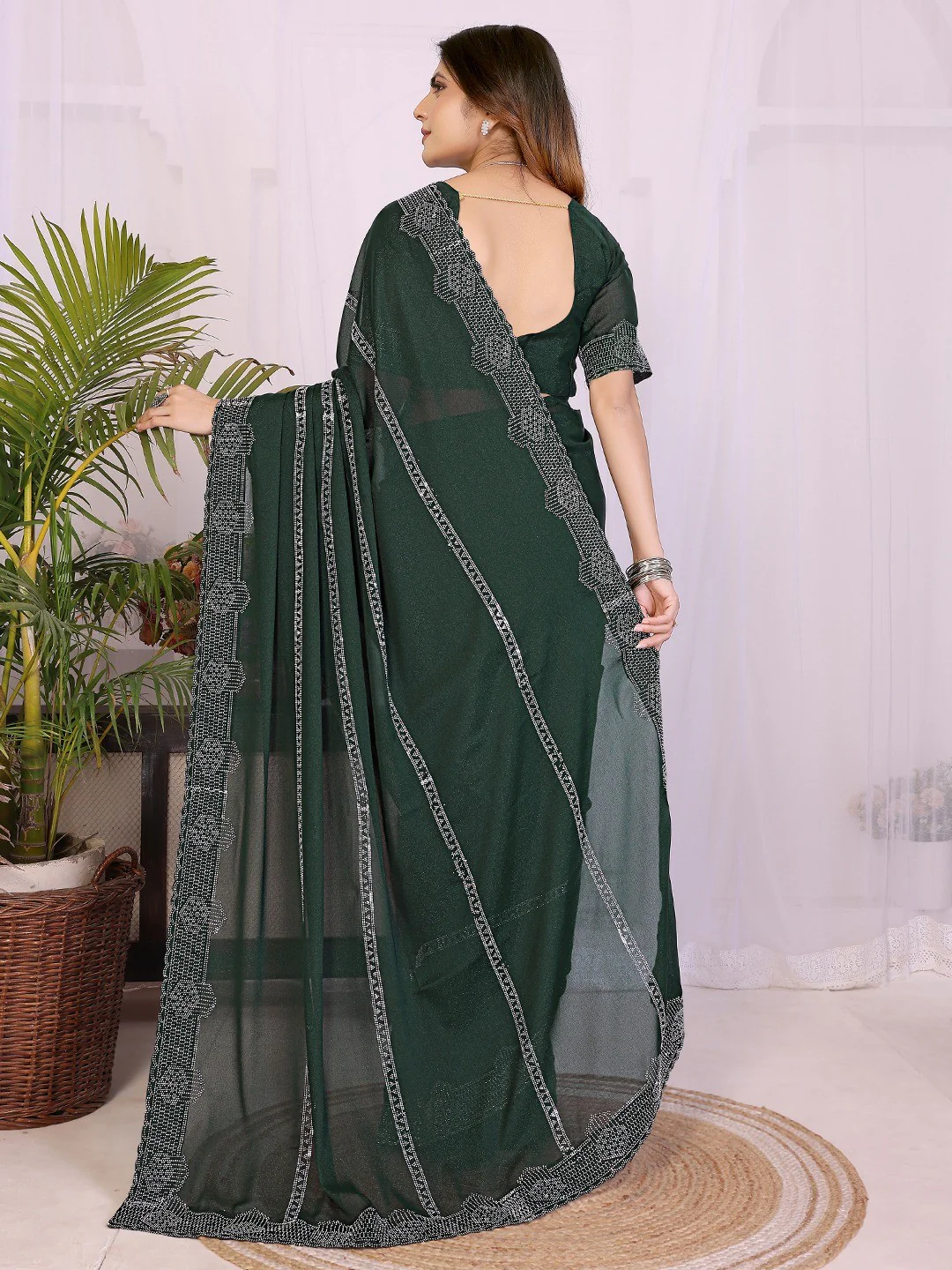 Designer Bottle Green Star Georgette Saree Featuring Intricate Swarovski Embellishment With Unstitched Blouse Peice - Image 6