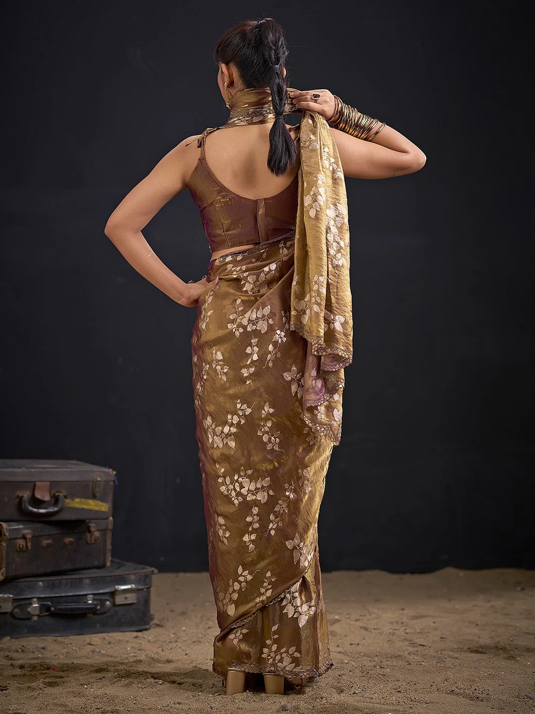 Designer Brown Satin Silk Saree With Leaf Foil Print & Stone Work Border - Image 4