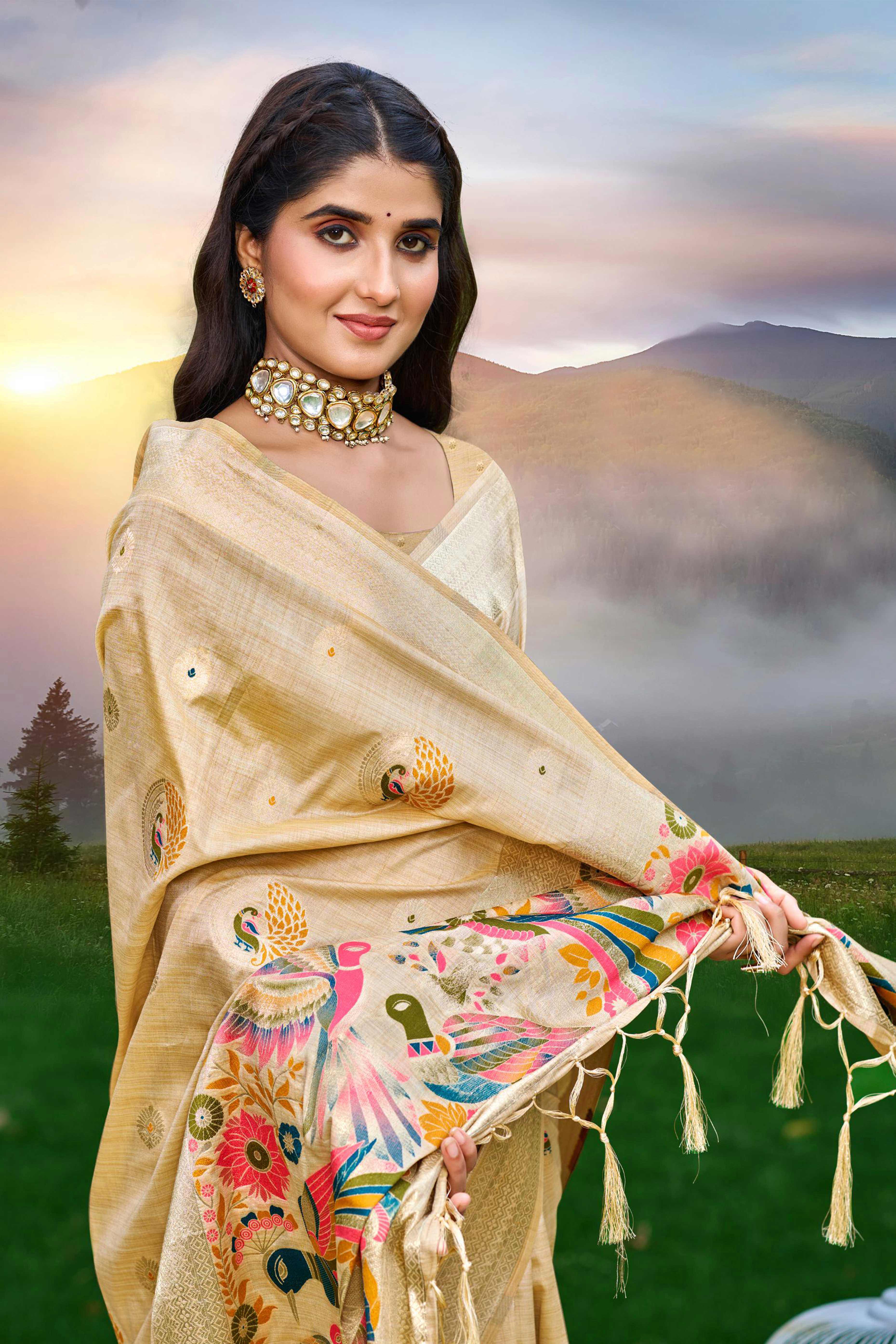 Designer Cream Assam Silk Blend Saree Adorned With Peacock Zari Weaving & Tassel Pallu - Image 3