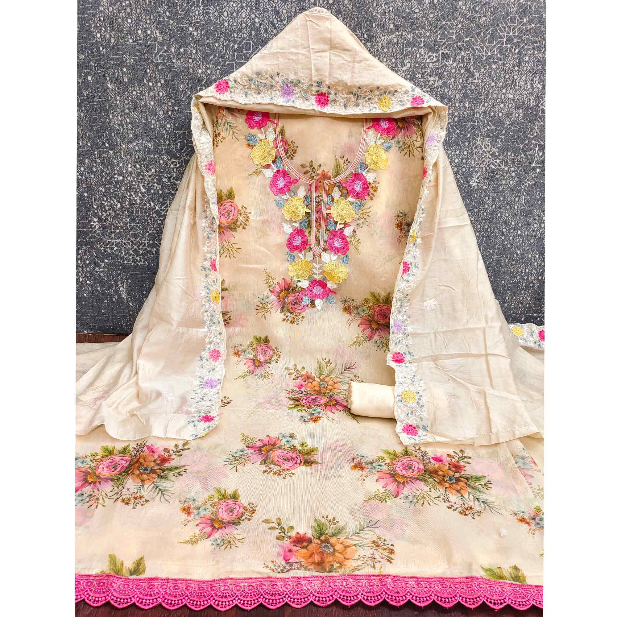 Designer Cream Floral Digital Printed Shimmer Silk Dress Material Featuring Embroidery Work - Image 4