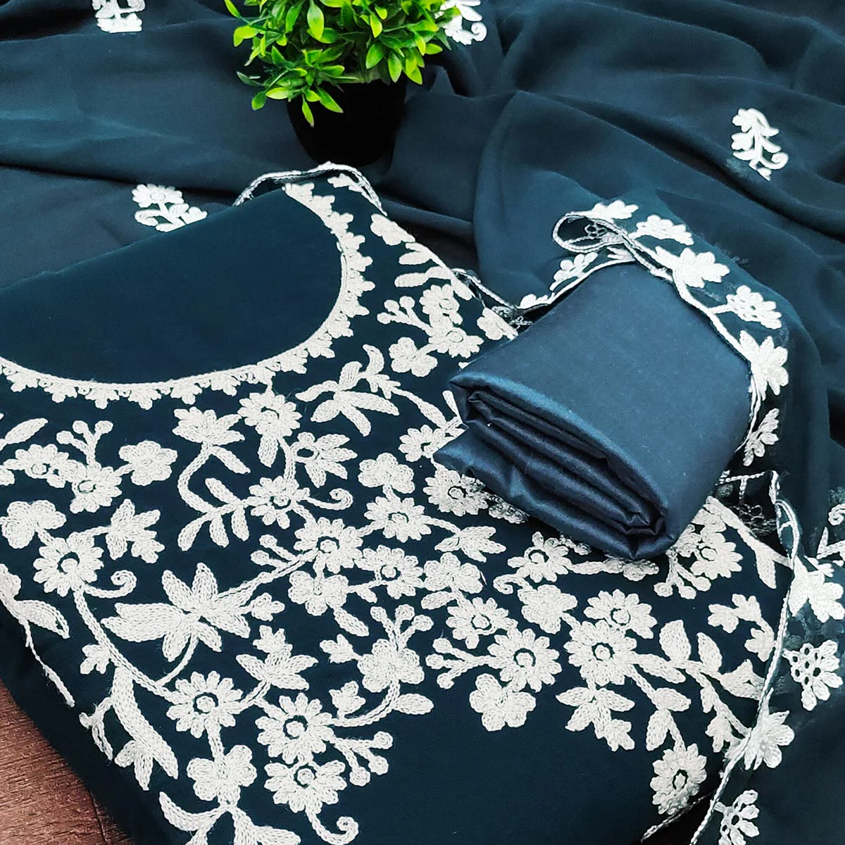 Designer Dark Teal Floral Embroidered Georgette Material for Stylish Dresses and Outfits - Image 2