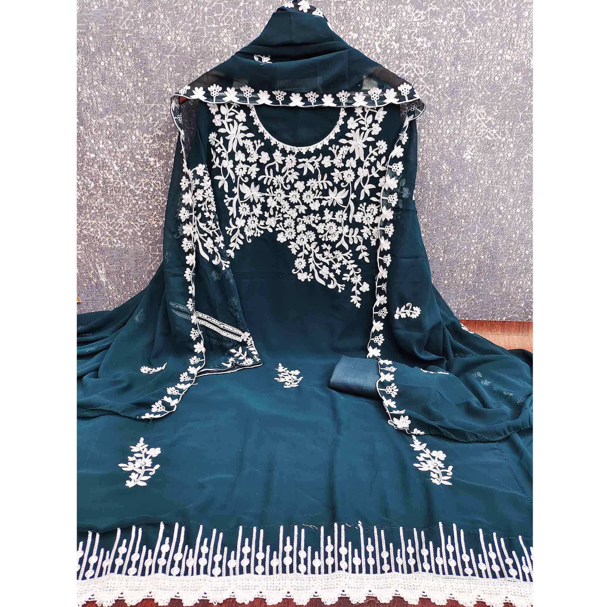 Designer Dark Teal Floral Embroidered Georgette Material for Stylish Dresses and Outfits - Image 4