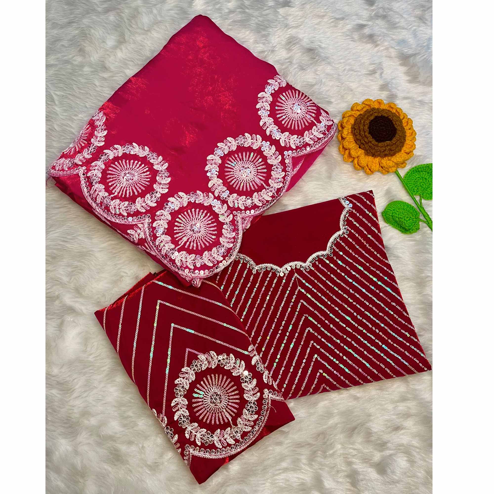 Designer Deep Pink Fandy Satin Saree Featuring Intricate Sequins Embroidery for Elegant Styling - Image 3