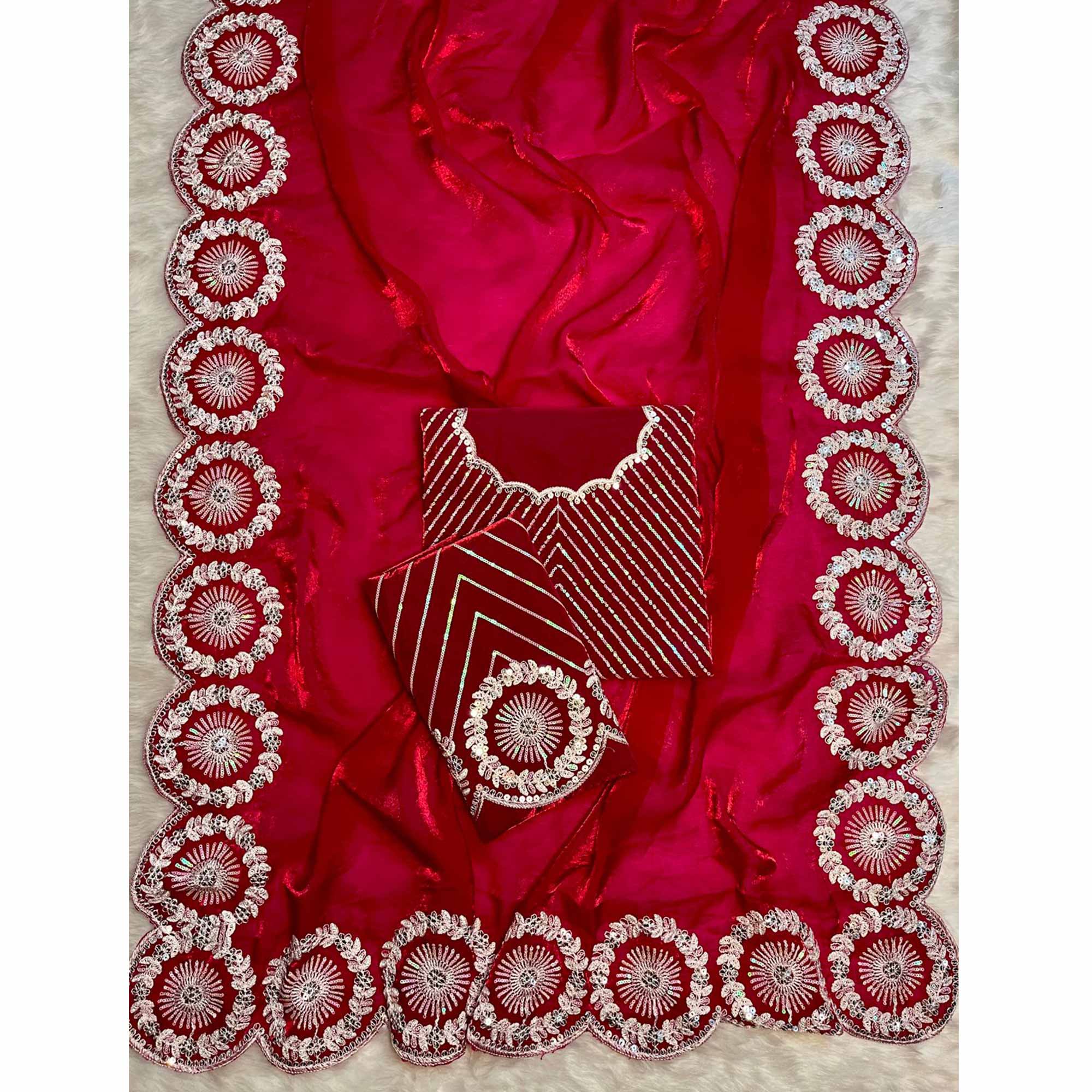 Designer Deep Pink Fandy Satin Saree Featuring Intricate Sequins Embroidery for Elegant Styling - Image 4