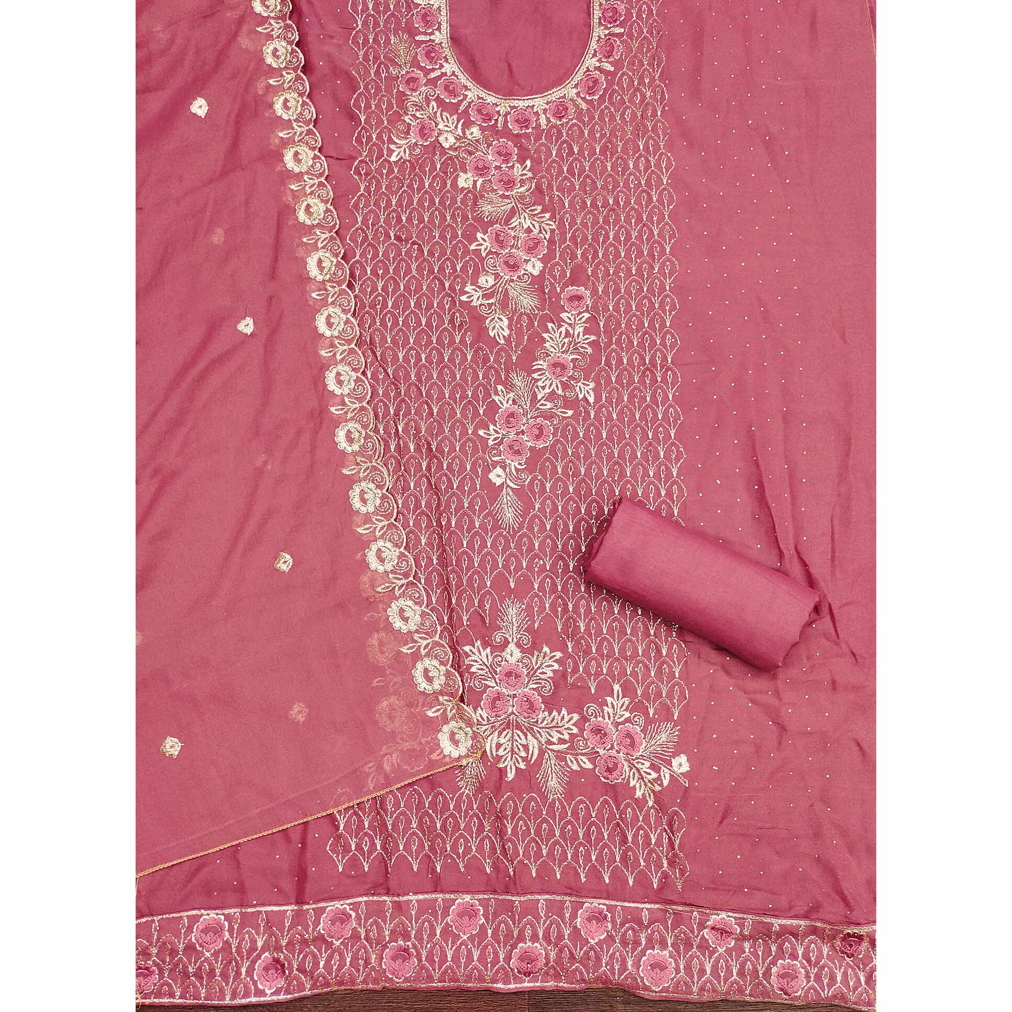 Designer Dusty Pink Floral Work Embroidered Georgette Unstitched Dress Material - Image 4