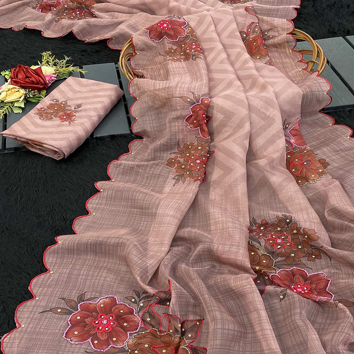 Designer Dusty Pink Tabby Organza Saree with Floral Patterns and Intricate Handcrafted Details - Image 2