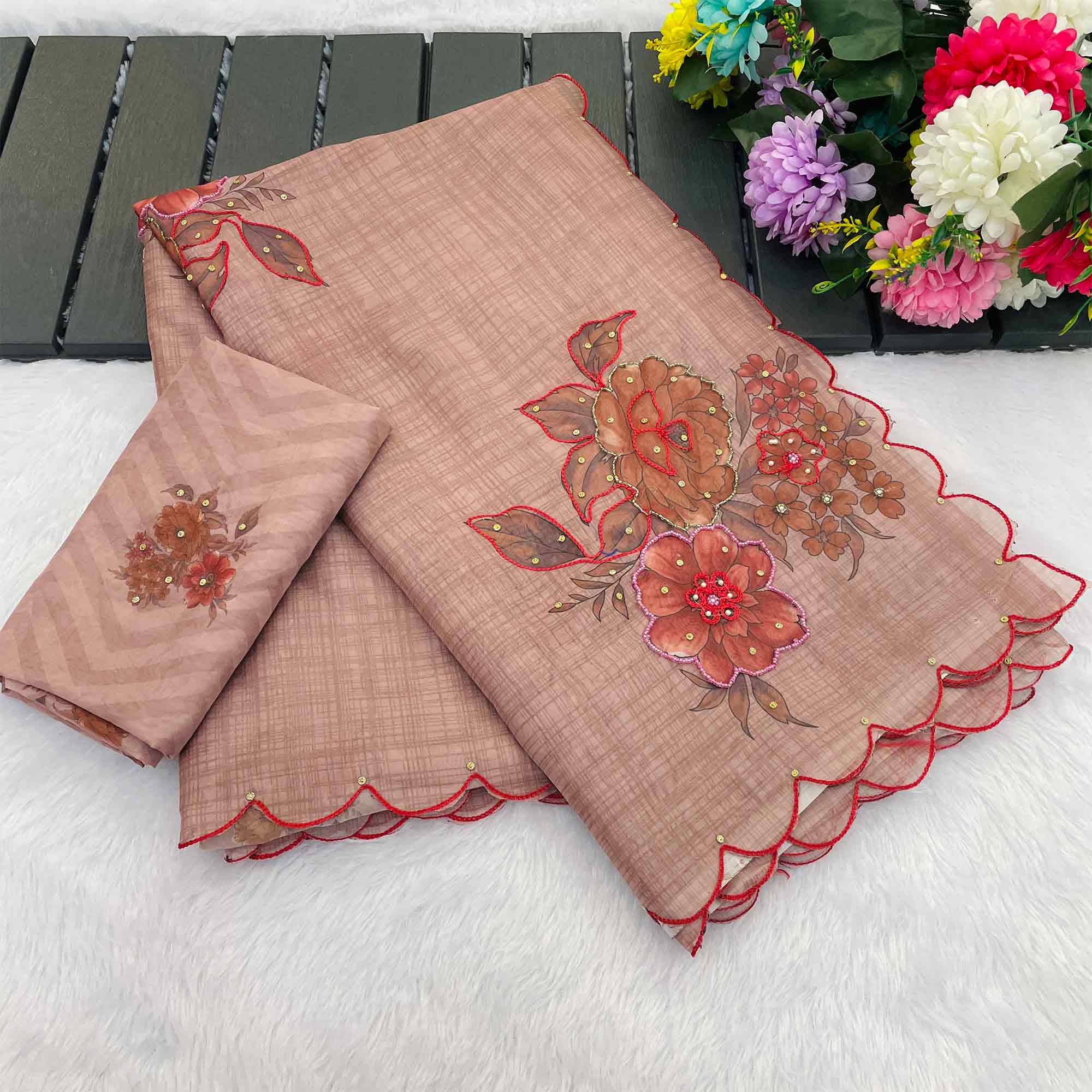 Designer Dusty Pink Tabby Organza Saree with Floral Patterns and Intricate Handcrafted Details - Image 3
