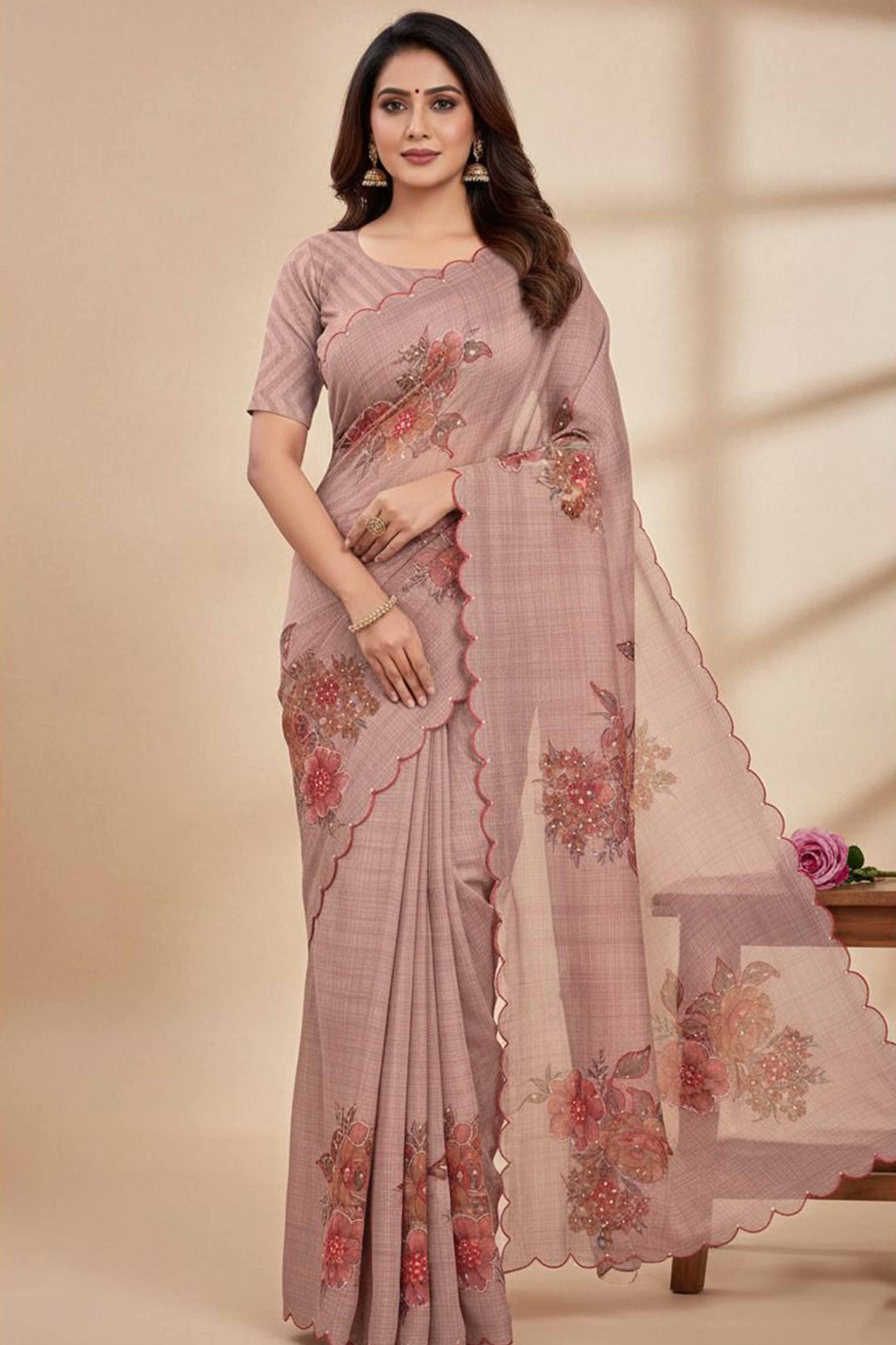 Designer Dusty Pink Tabby Organza Saree with Floral Patterns and Intricate Handcrafted Details - Image 6