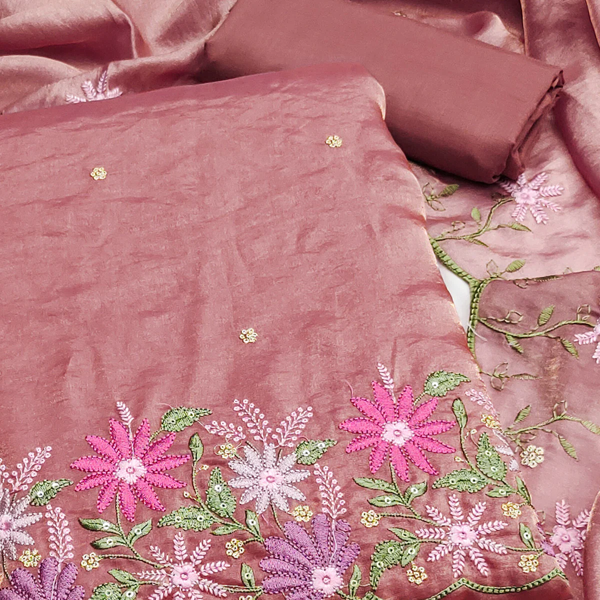 Designer Dusty Rose Pink Satin Silk Dress Material with Fine Floral Embroidery - Image 2