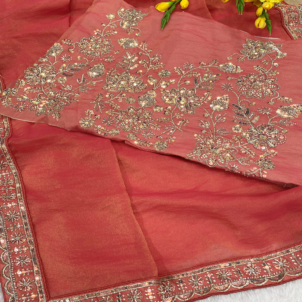 Designer Gajri Pink Satin Saree Featuring Stone & Embroidery Work - Image 2
