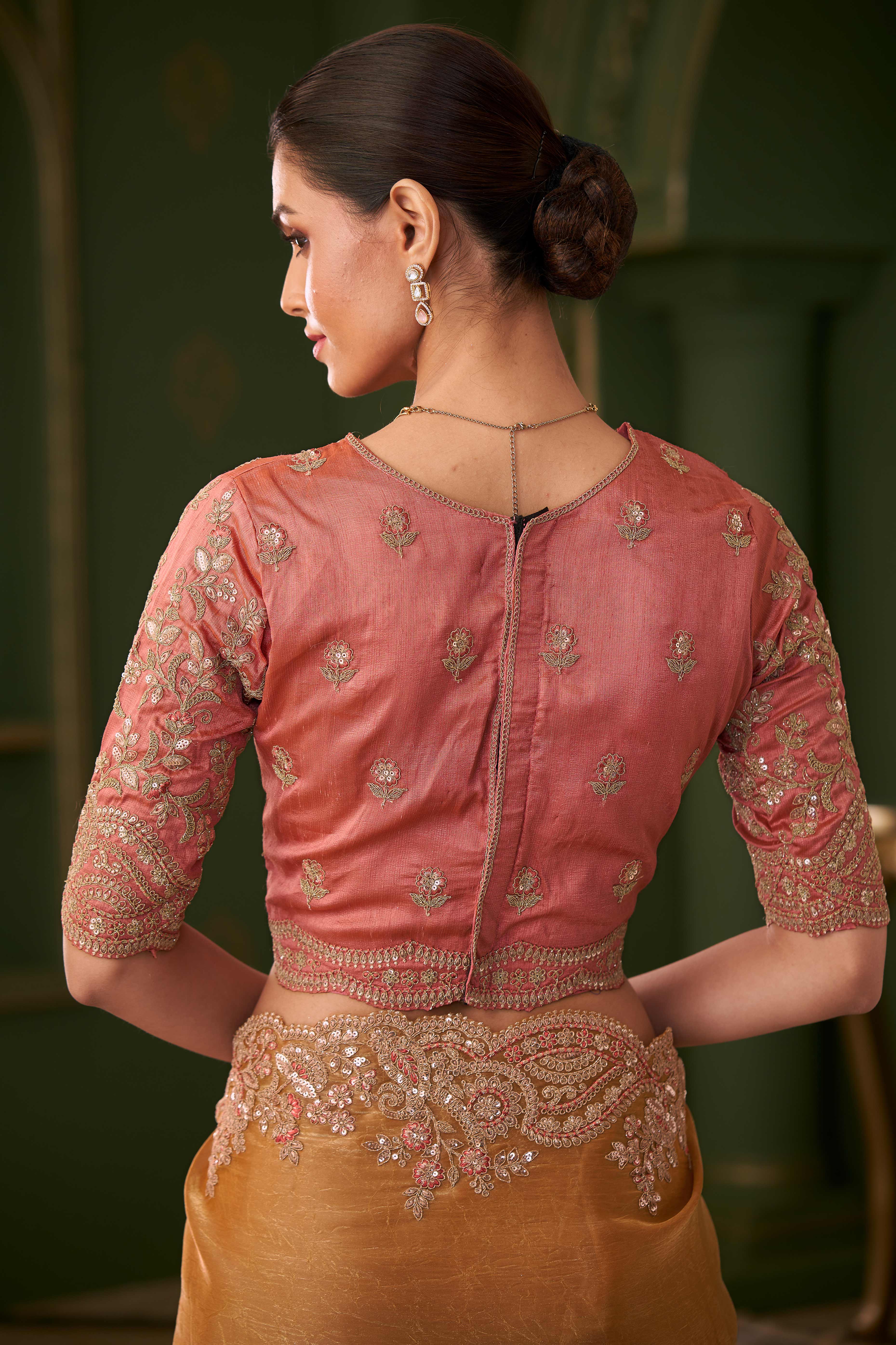 Designer Gold Georgette Saree Adorned With Floral Cording Sequins Embroidery & Cutwork Border - Image 6