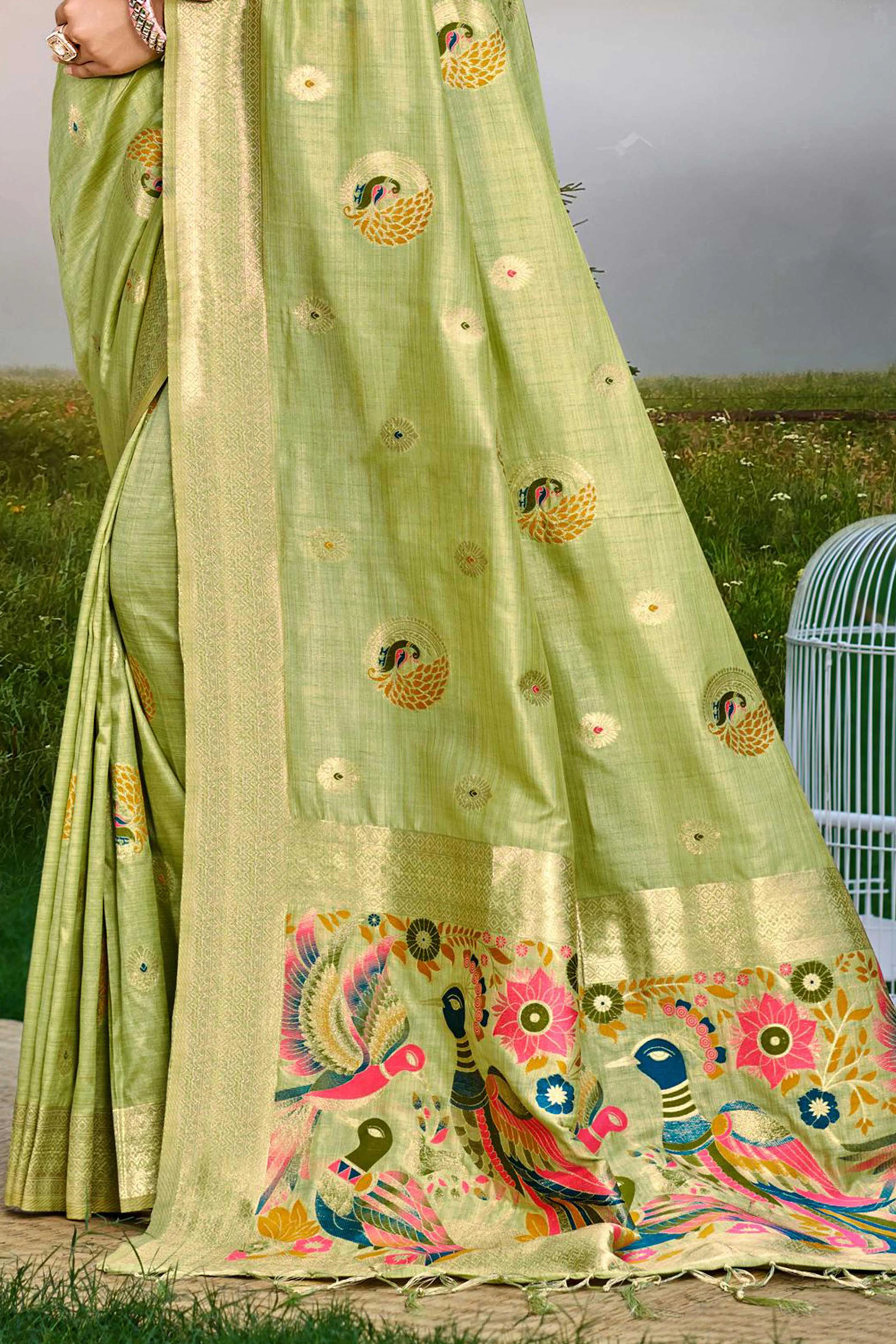 Designer Green Assam Silk Blend Saree Adorned With Peacock Zari Weaving & Tassel Pallu - Image 4