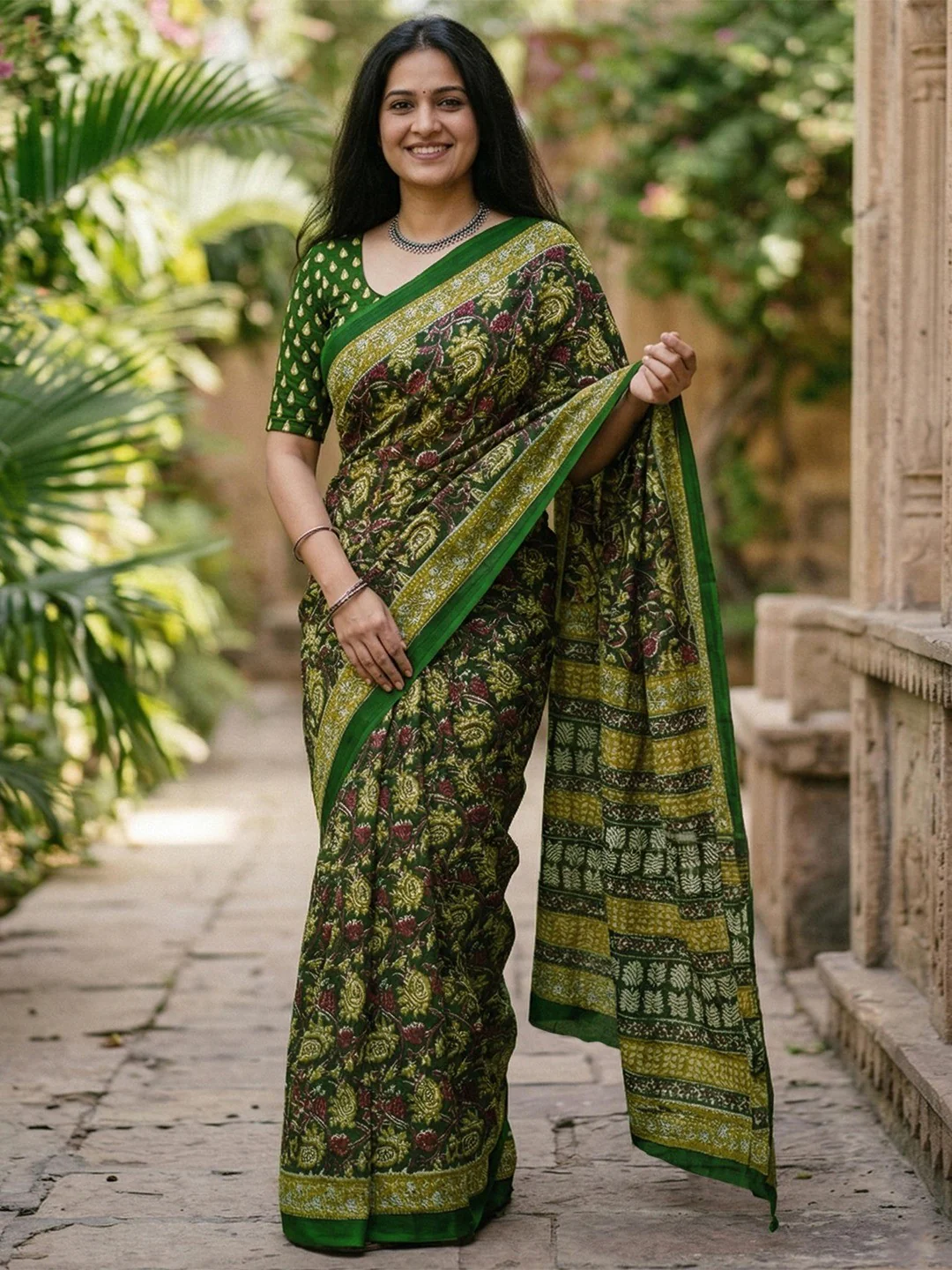 Designer Green Floral Print Mulmul Cotton Saree With Refined Work - Image 3