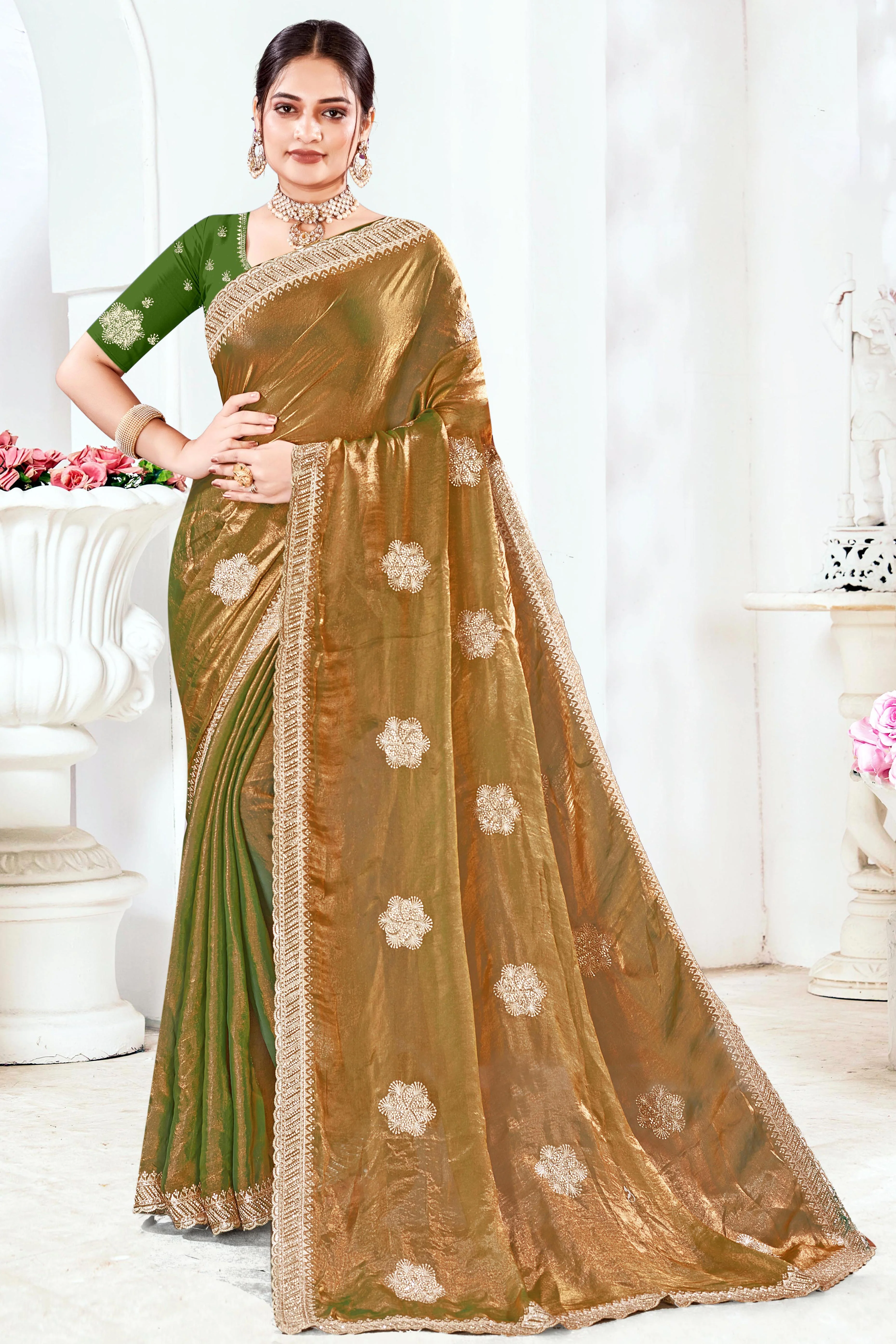Designer Green Floral Zari Embroidery Organza Satin Silk Saree Featuring Diamond Work