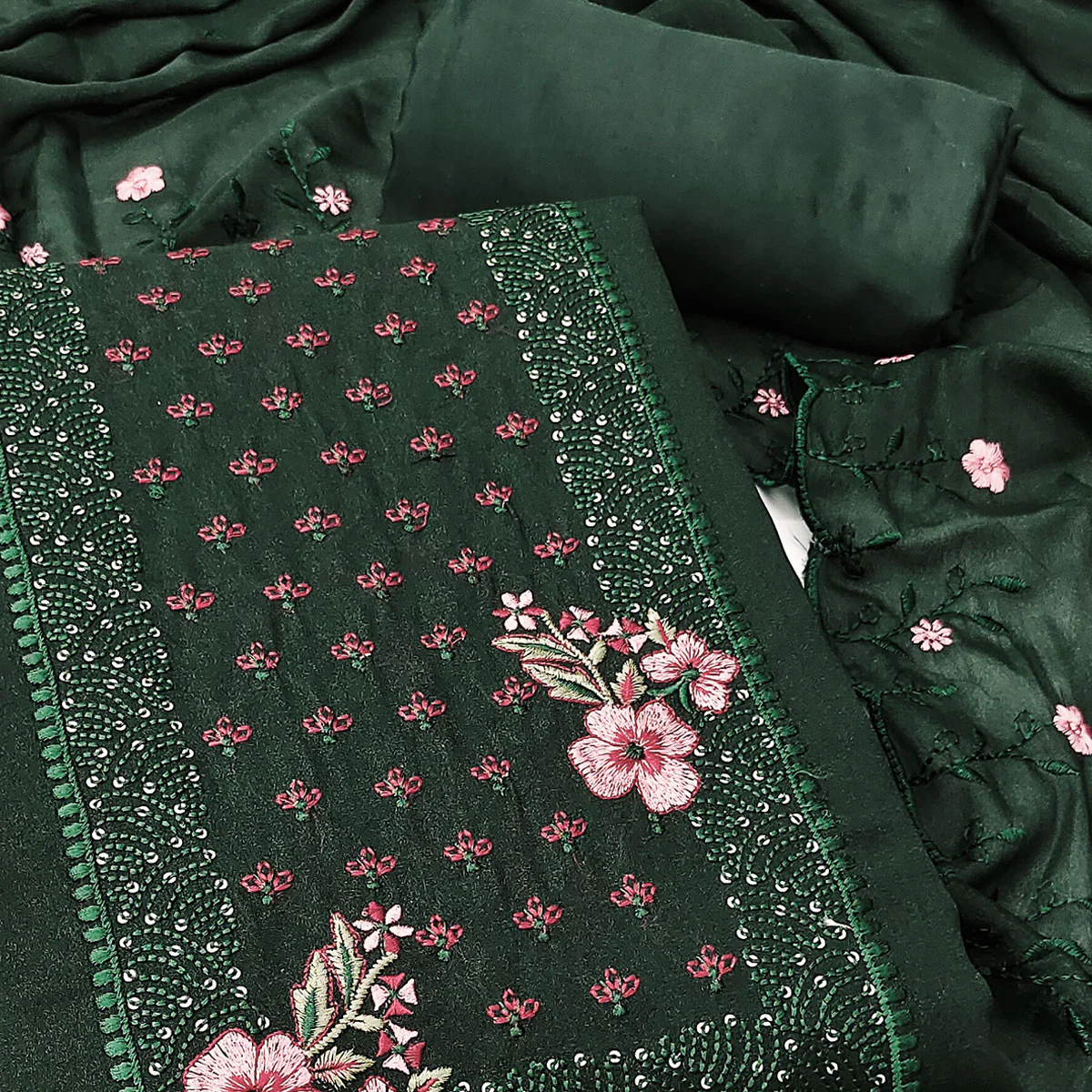 Designer Green Georgette Fabric with Intricate Floral Embroidery - Image 2