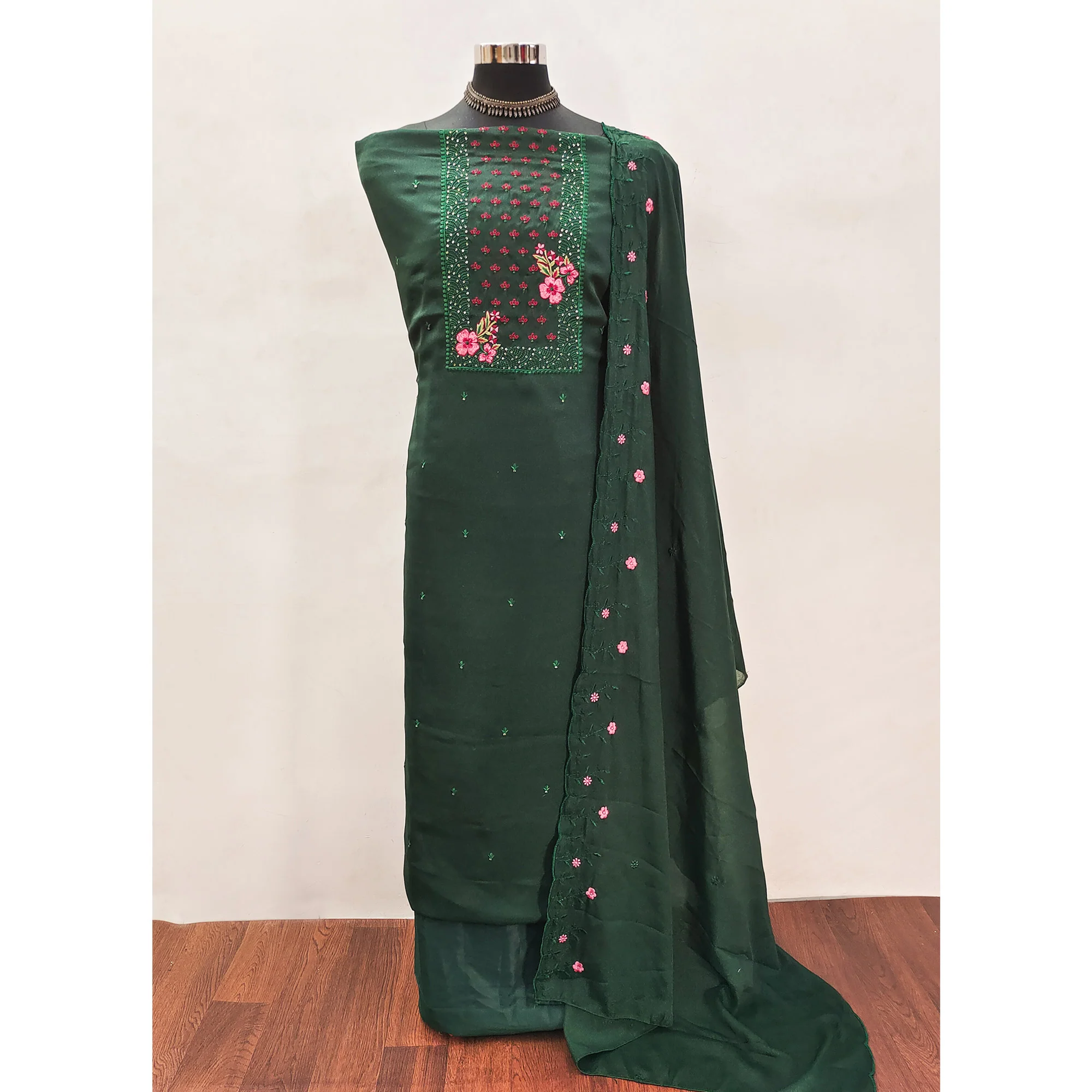 Designer Green Georgette Fabric with Intricate Floral Embroidery - Image 3