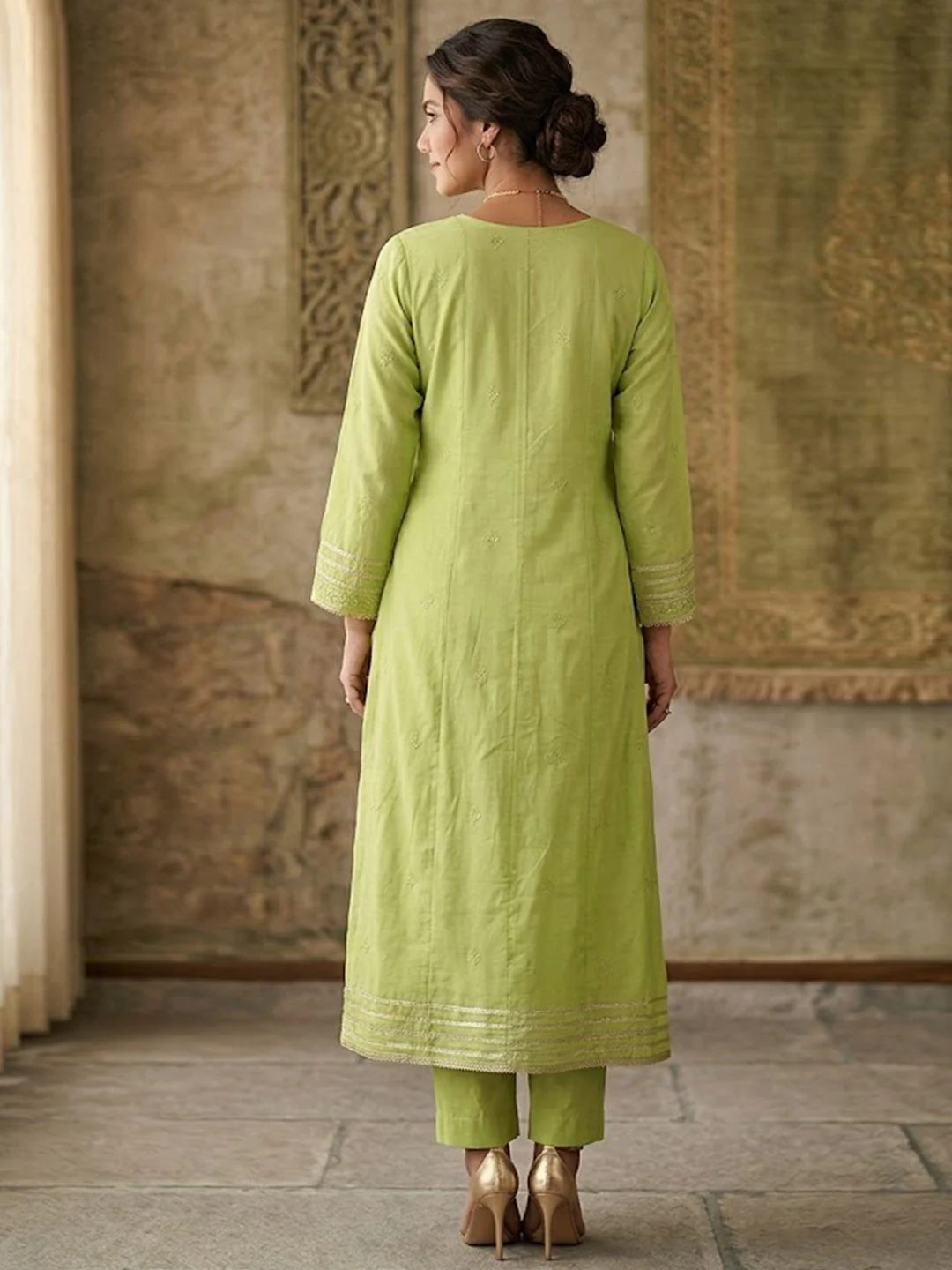 Designer Green Mul Cotton Kurta Set with Embroidered Dupatta Traditional Elegant Wear - Image 3