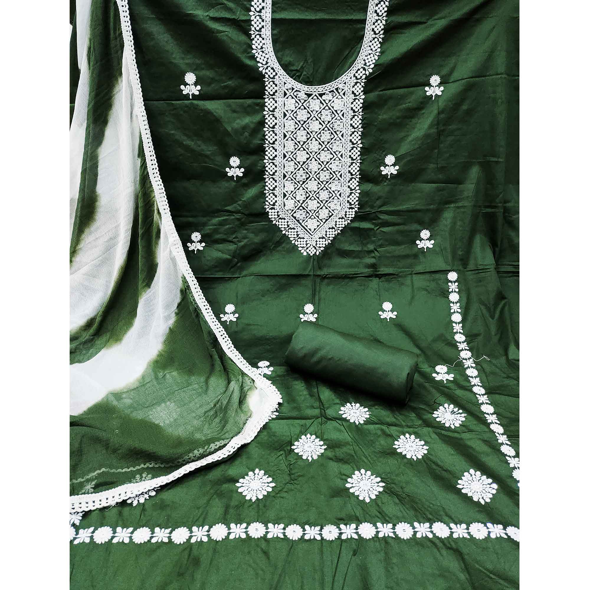 Designer Green Pure Cotton Dress Material Showcasing Floral Thread Embroidery & Luxe Sequins Work - Image 3