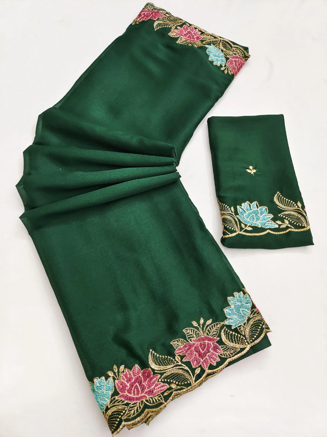 Designer Green Tussar Silk Saree with Premium Floral Embroidered Border Work - Image 5