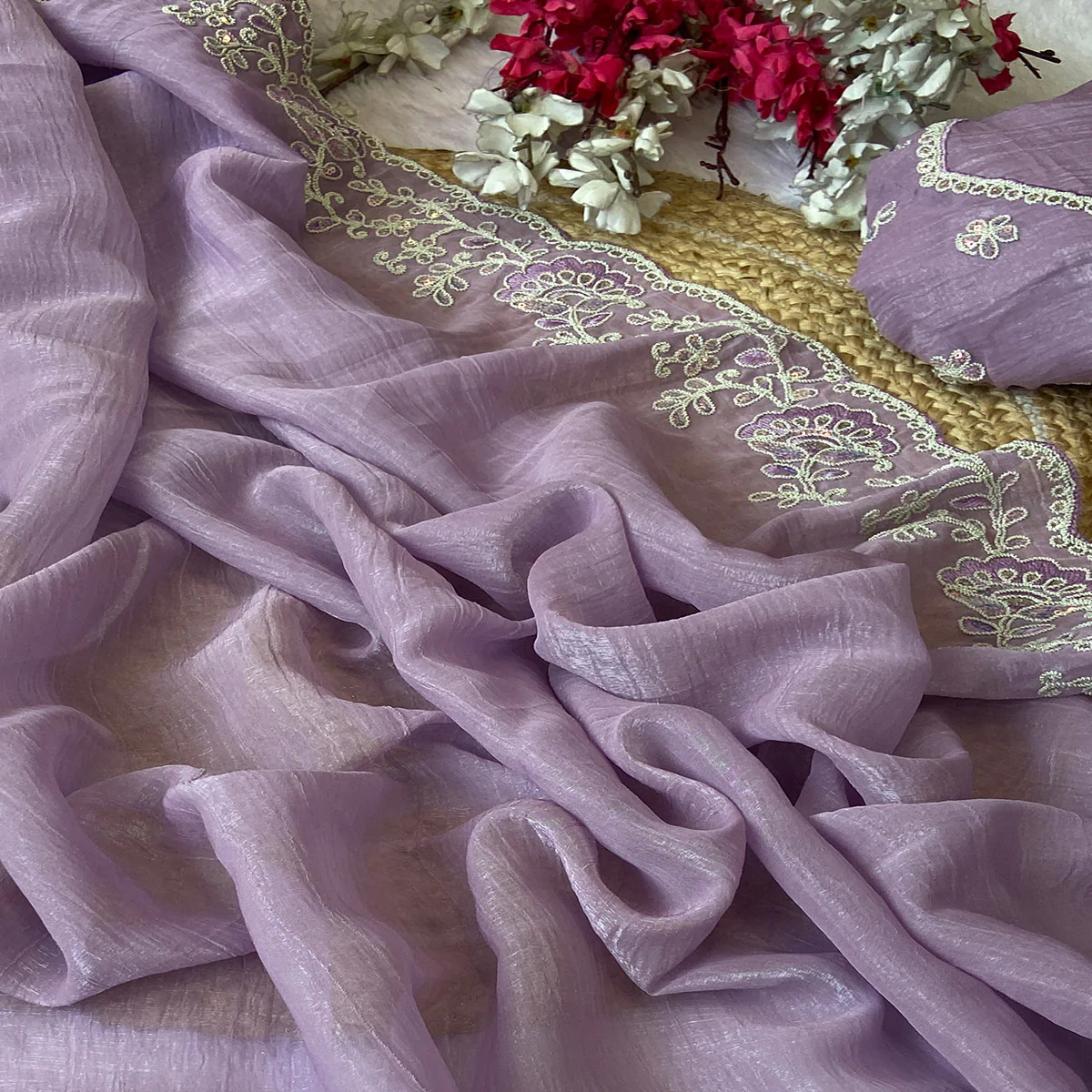 Designer Lavender Crunchy Texture Tissue Saree with Embroidered Highlights - Image 2