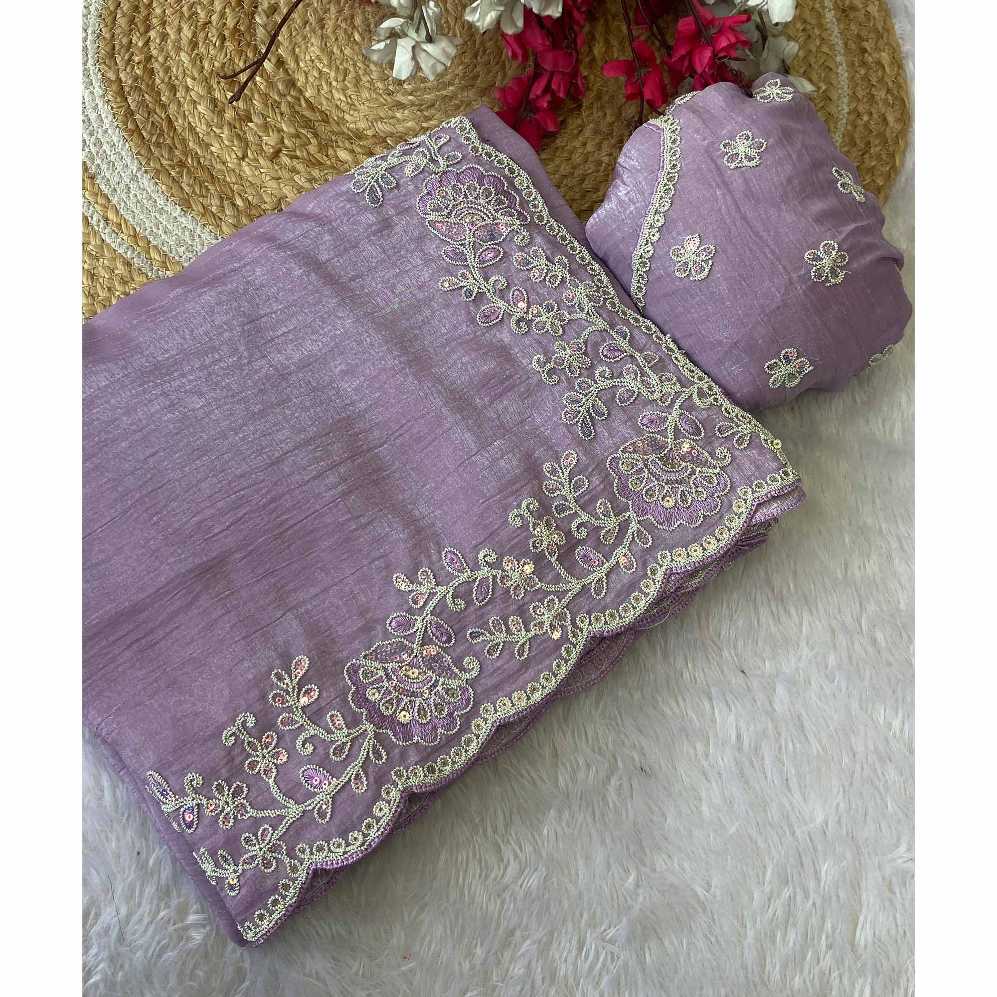 Designer Lavender Crunchy Texture Tissue Saree with Embroidered Highlights - Image 4