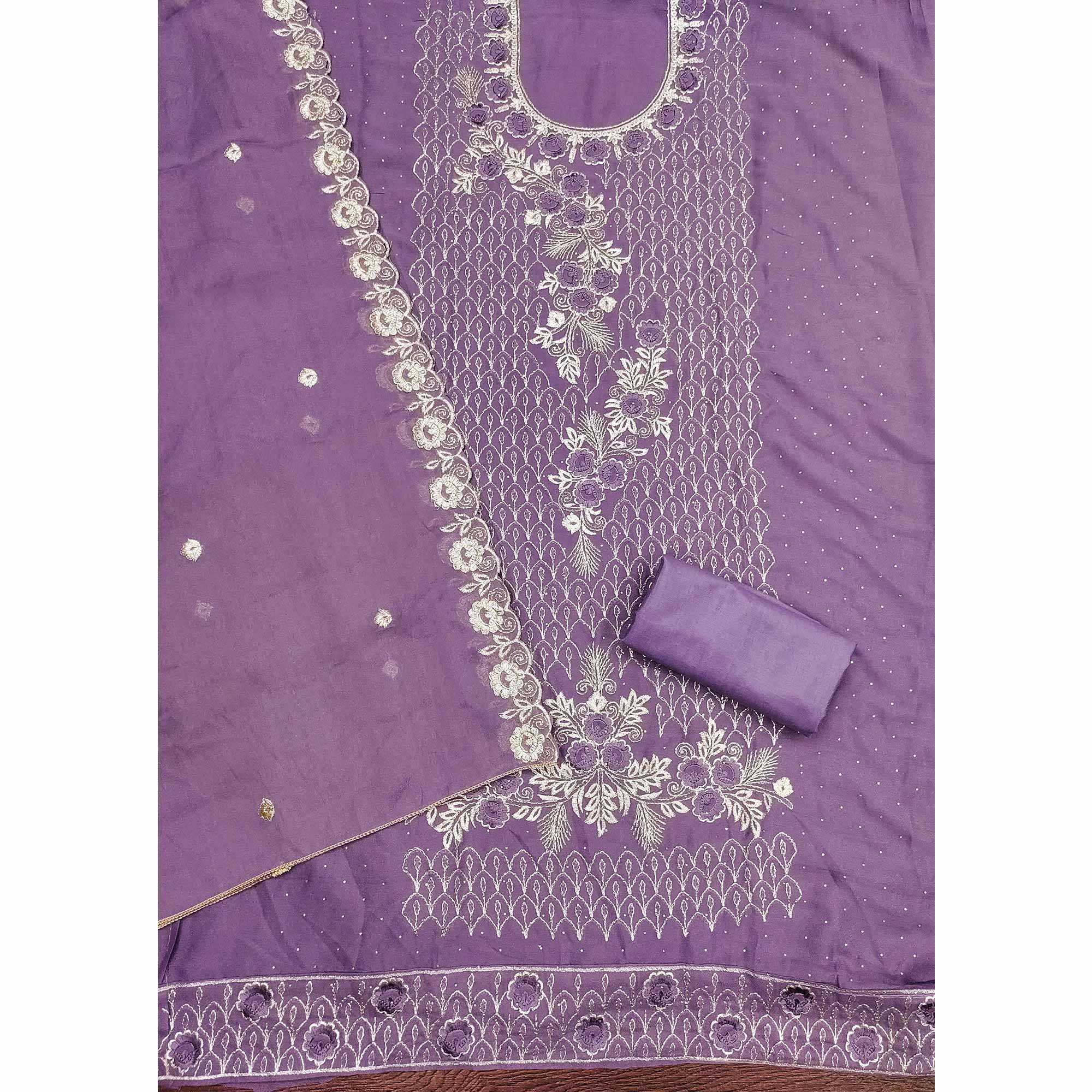 Designer Lavender Floral Work Embroidered Georgette Unstitched Dress Material - Image 4
