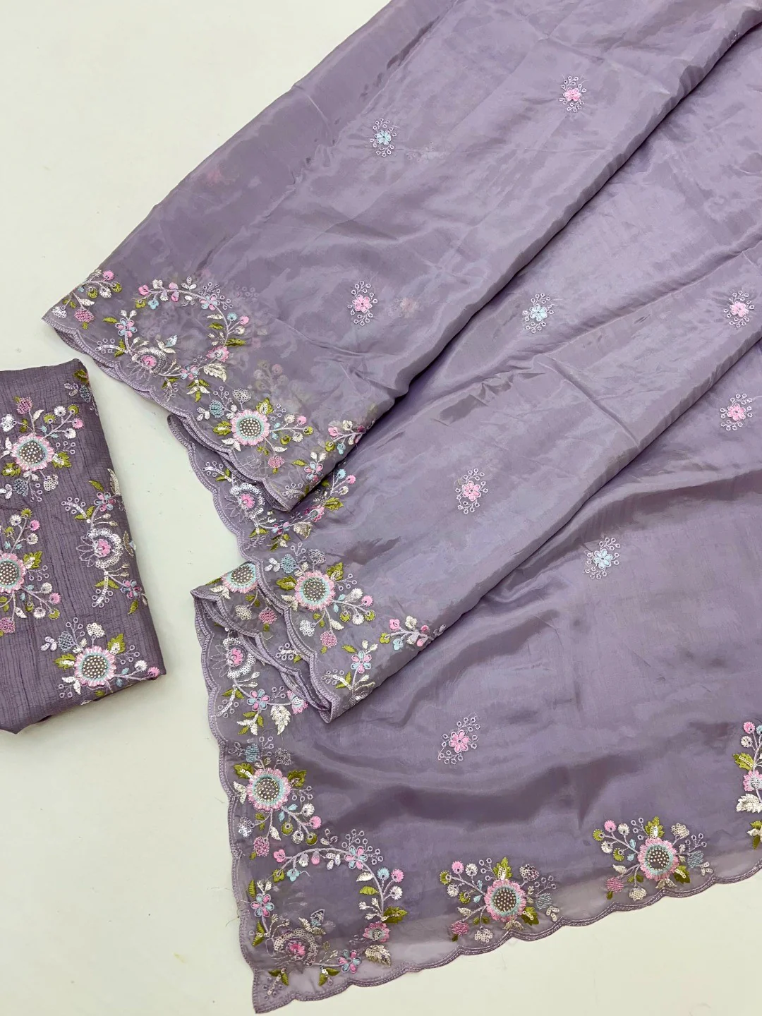 Designer Lavender Satin Saree With Floral Thread Embroidery & Sparkling Sequins Work - Image 3