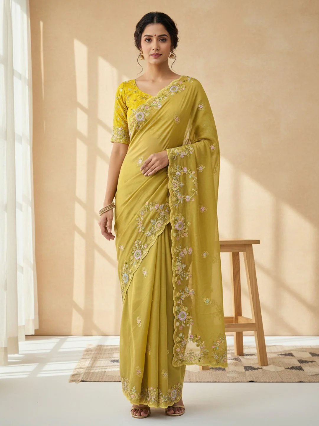 Designer Lemon Yellow Satin Saree With Floral Thread Embroidery & Sparkling Sequins Work