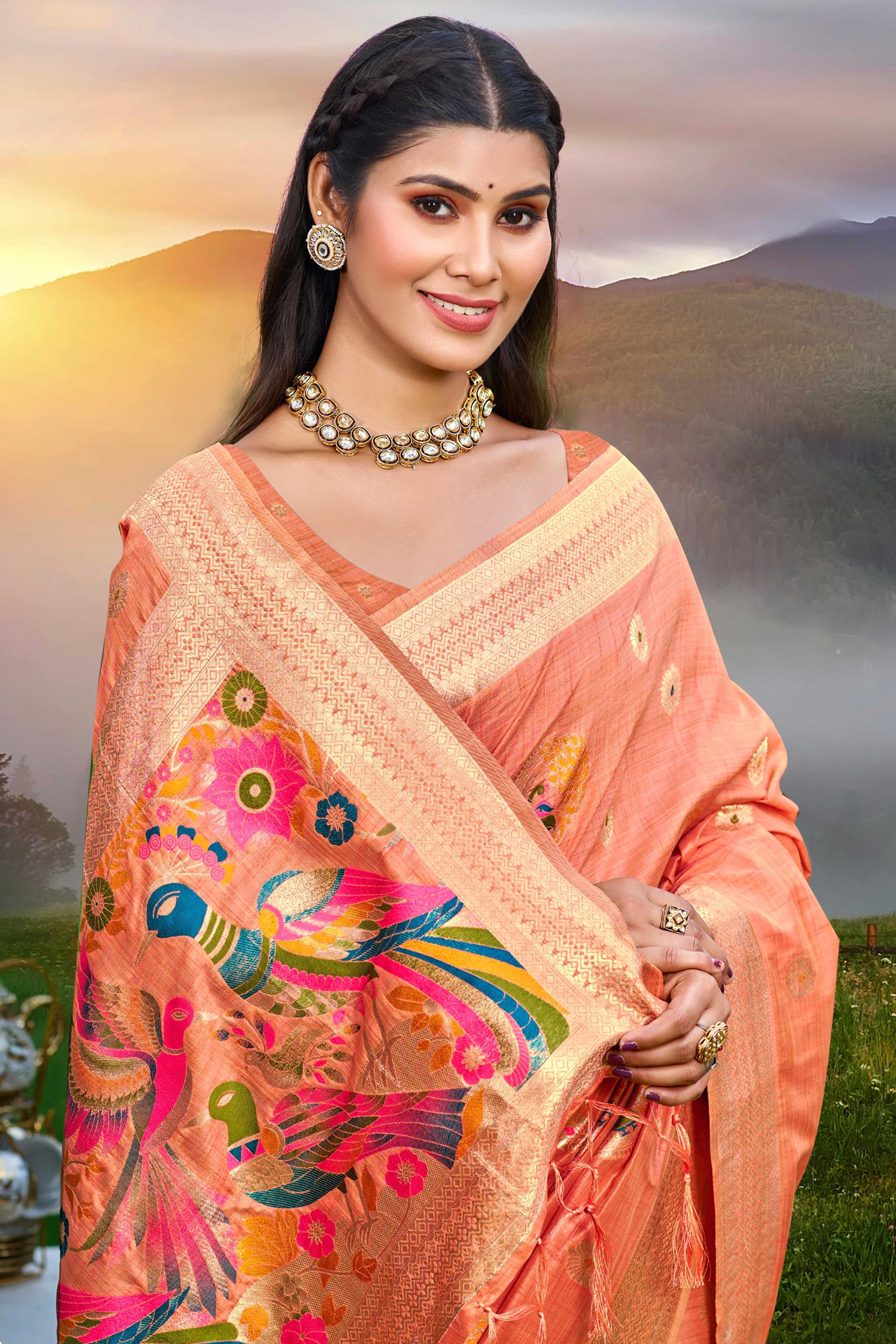 Designer Light Orange Assam Silk Blend Saree Adorned With Peacock Zari Weaving & Tassel Pallu - Image 3